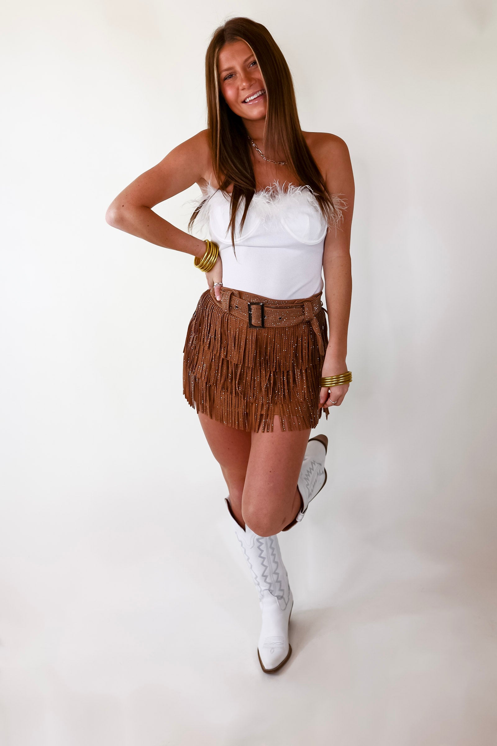 Movie Star Status Strapless Ribbed Bodysuit with Feathers in White - Giddy Up Glamour Boutique