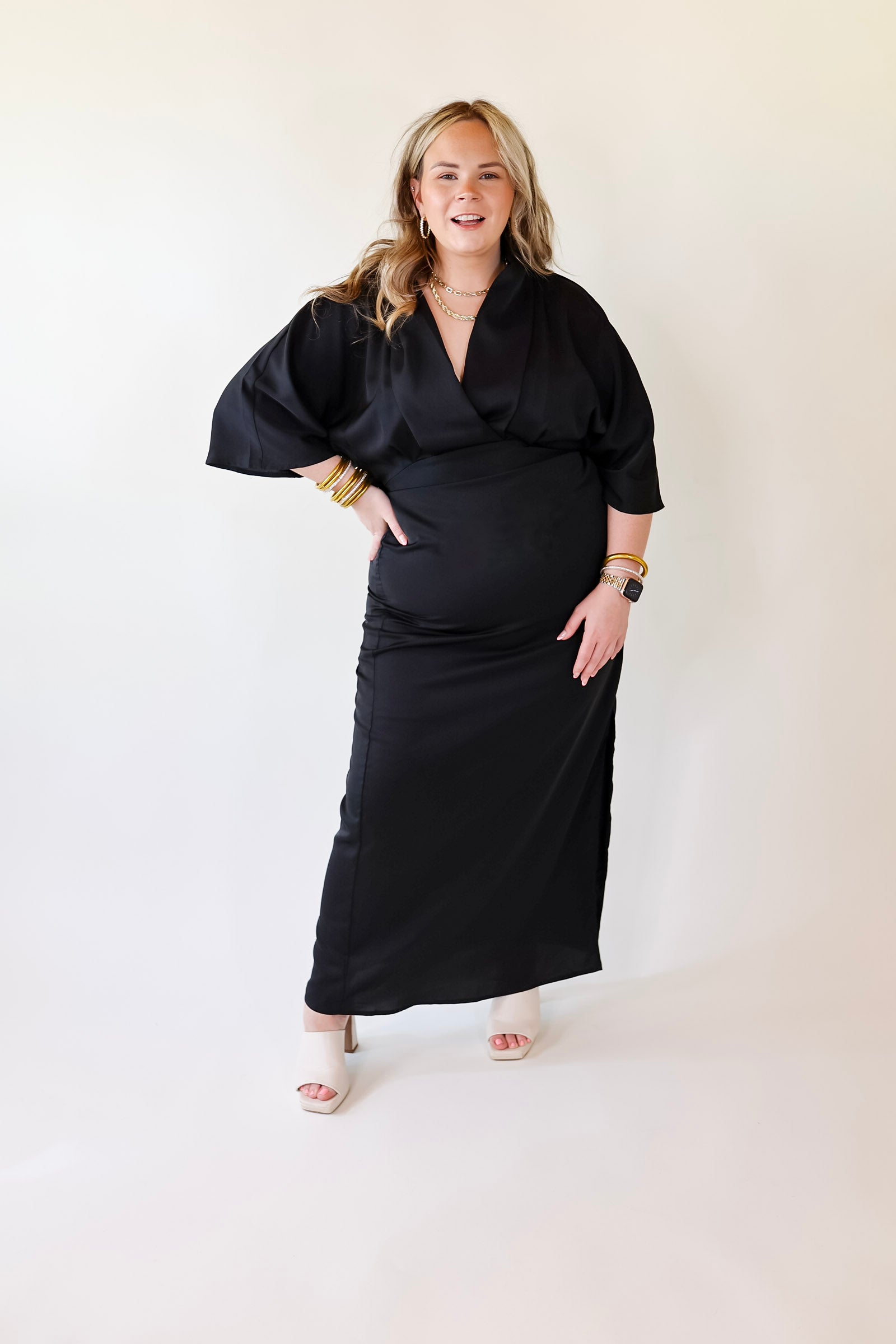 Like Royalty Maxi Dress With a Cross Front and Slit in Black - Giddy Up Glamour Boutique