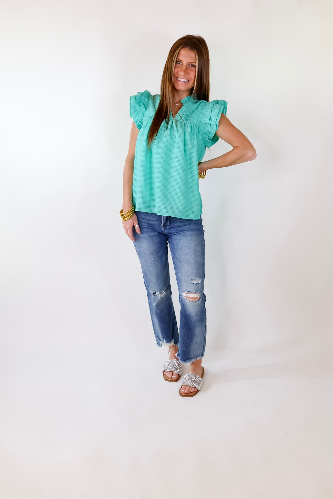Perfectly Fabulous Ruffle Cap Sleeve Top in Mint Green - Giddy Up Glamour Boutique