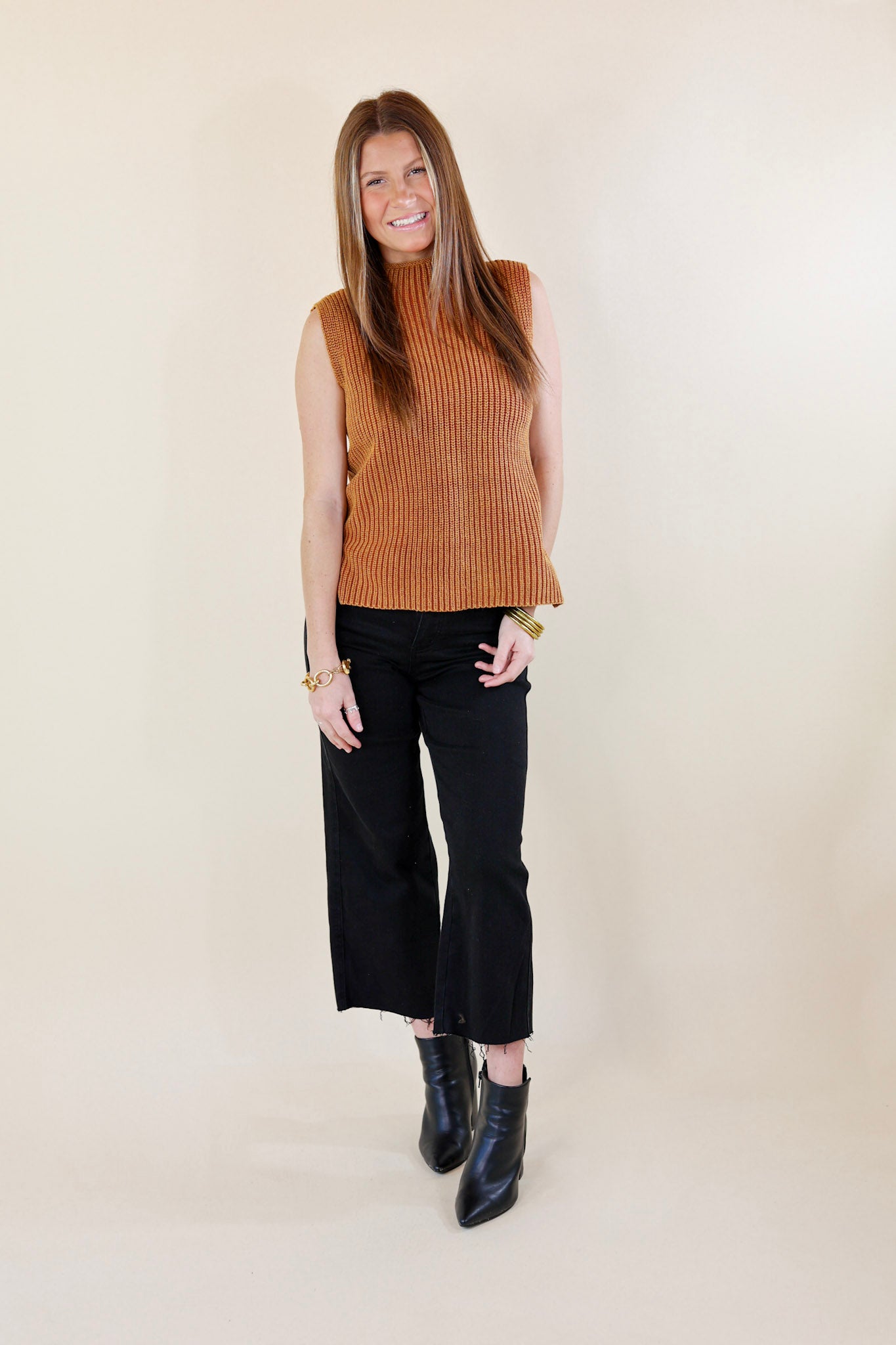 Doesn't Get Better Turtle Neck Sweater Tank Top in Camel Brown - Giddy Up Glamour Boutique