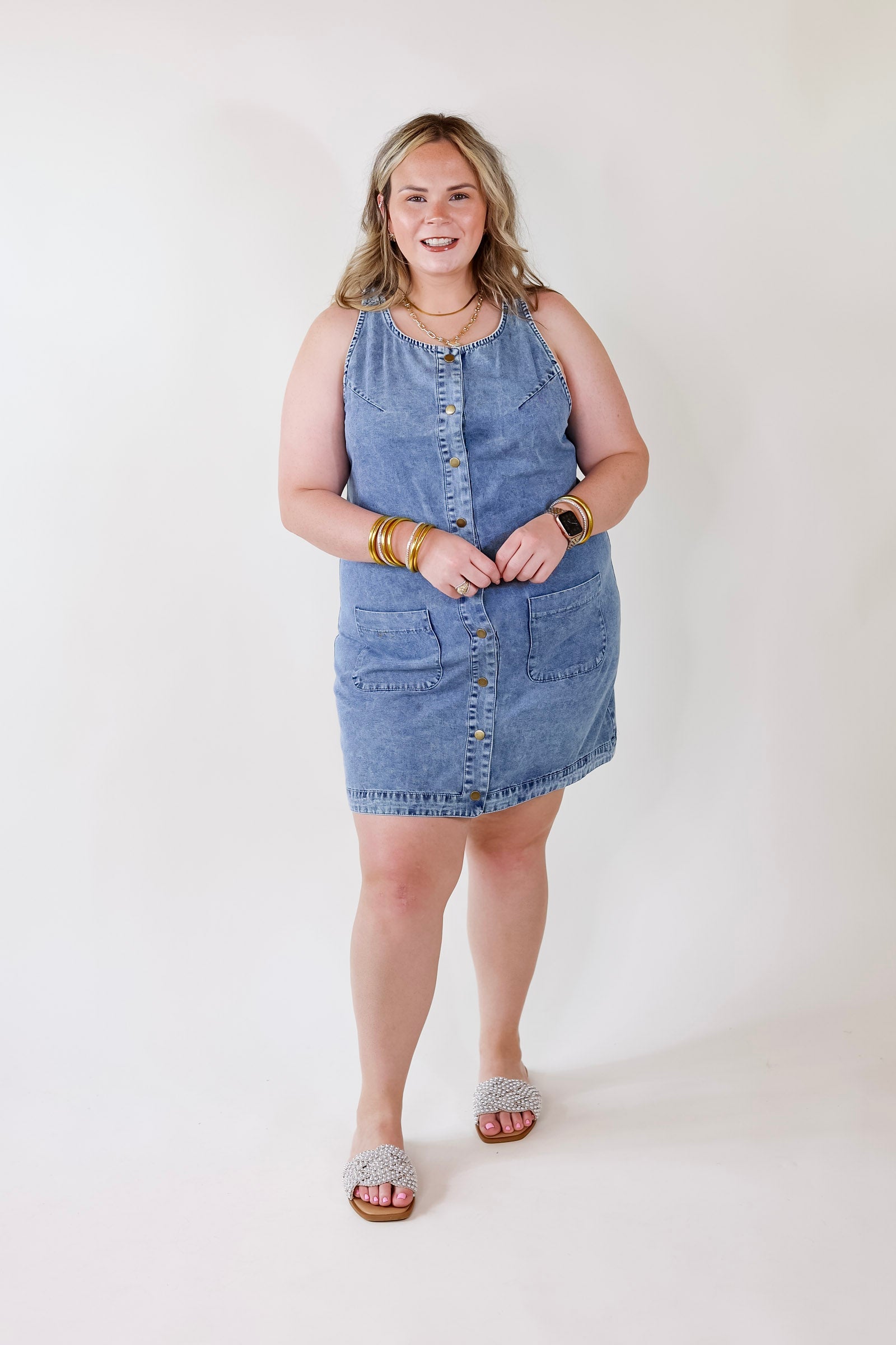 The Girl Next Door Denim Button Up Dress in Light Wash - Giddy Up Glamour Boutique