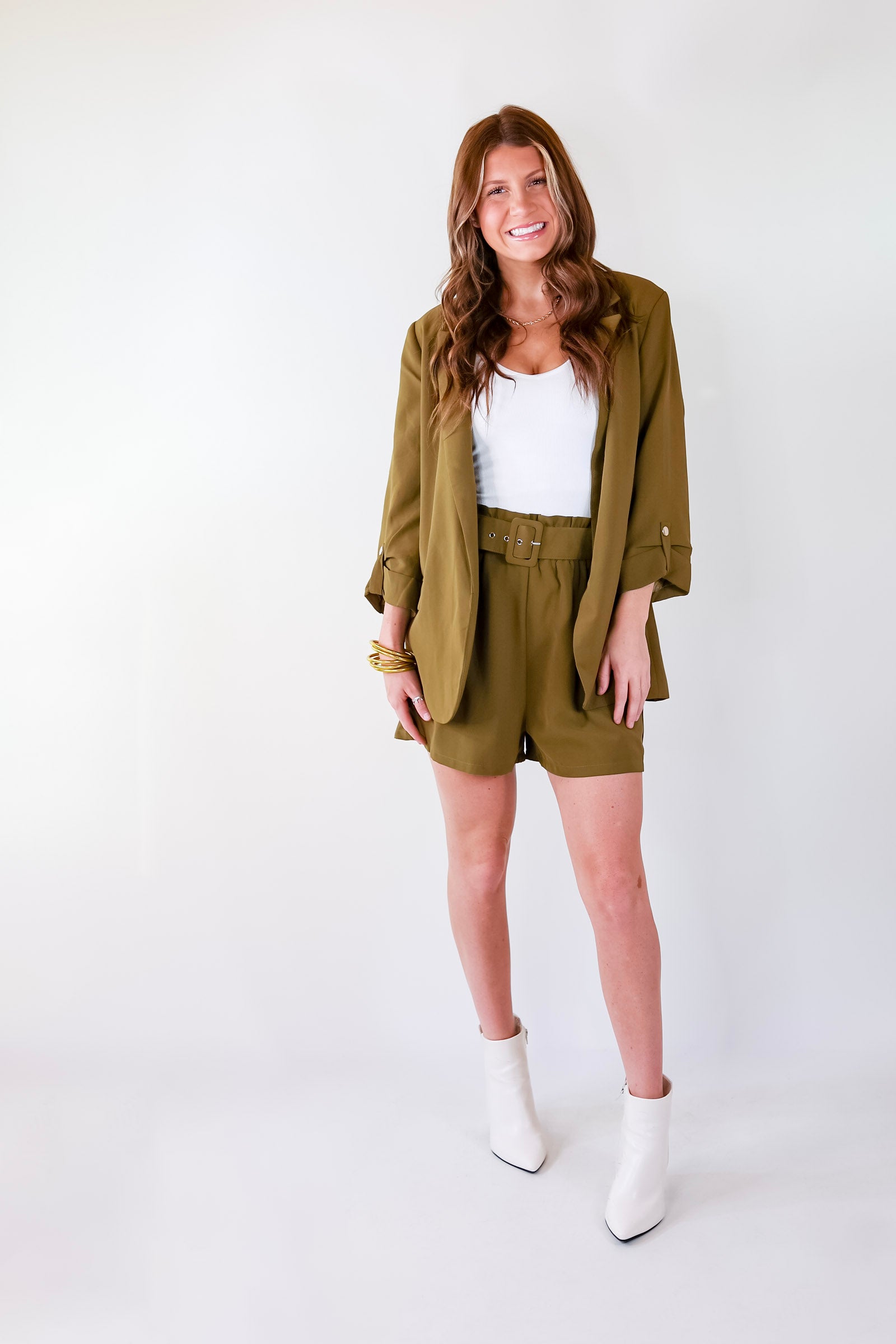 Fine Like Wine 3/4 Sleeve Blazer in Olive Green - Giddy Up Glamour Boutique