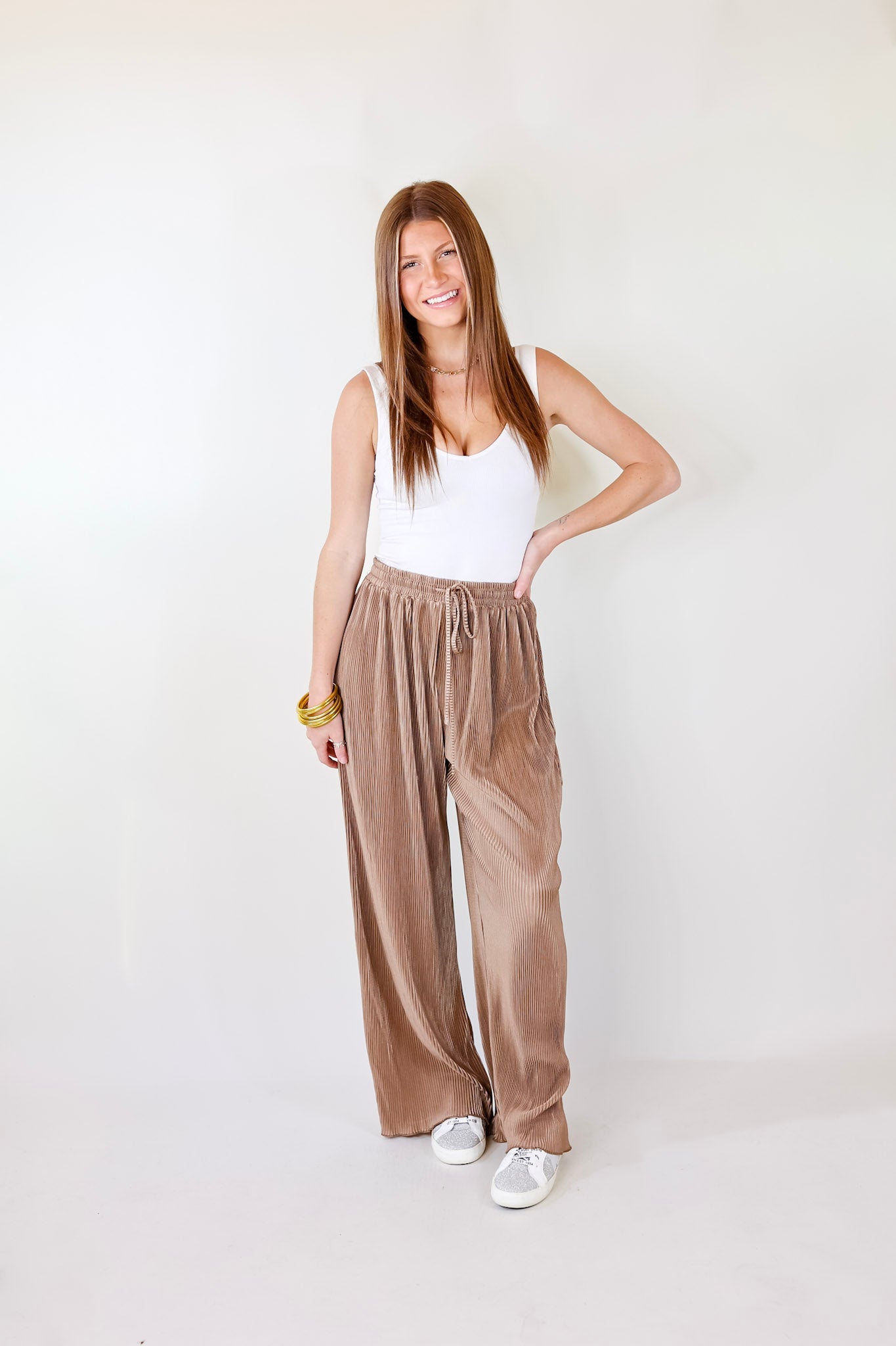 What You Admire Plissé Drawstring Pants in Mocha Brown - Giddy Up Glamour Boutique