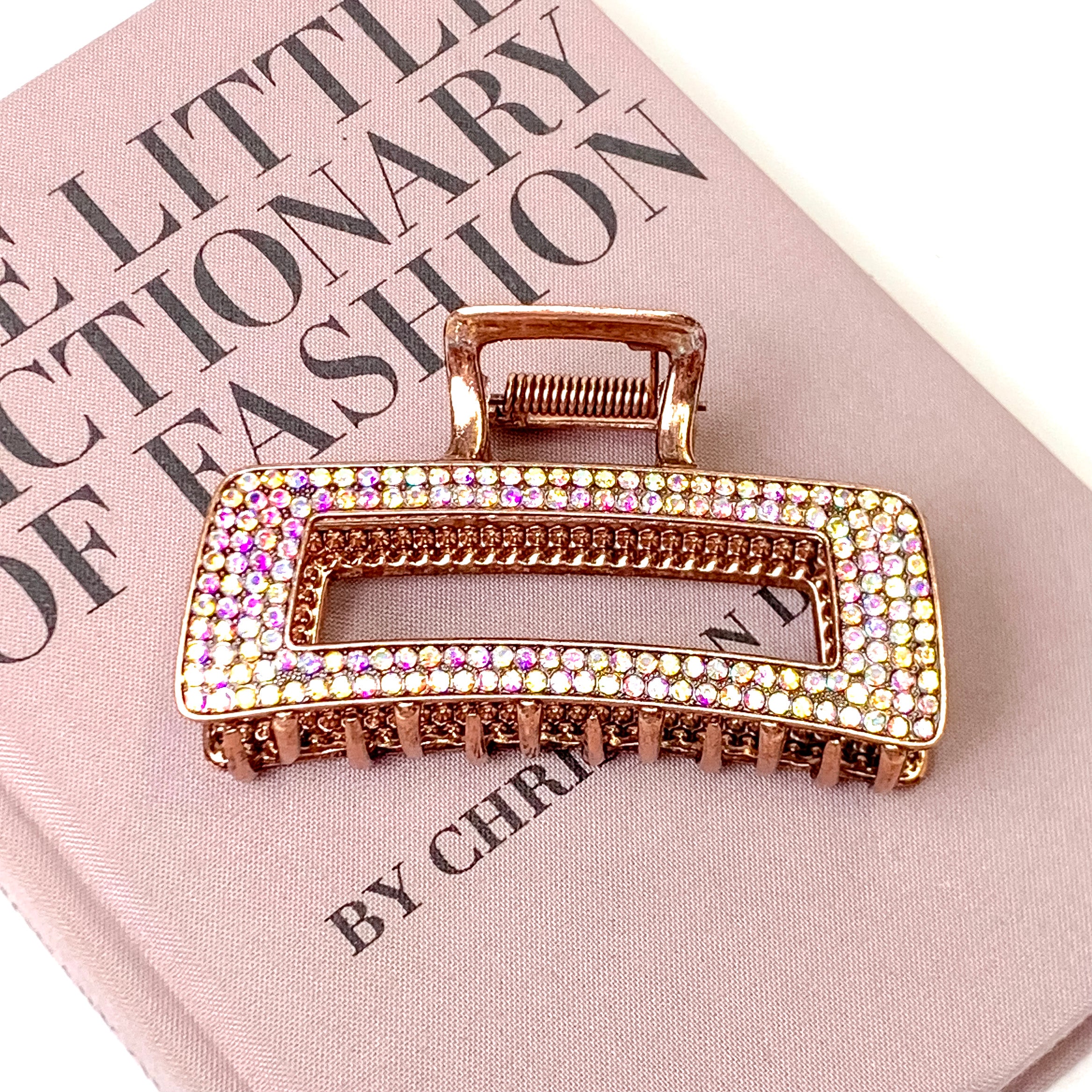 AB Crystal Embellished Metal Rectangle Hair Clip in Copper - Giddy Up Glamour Boutique