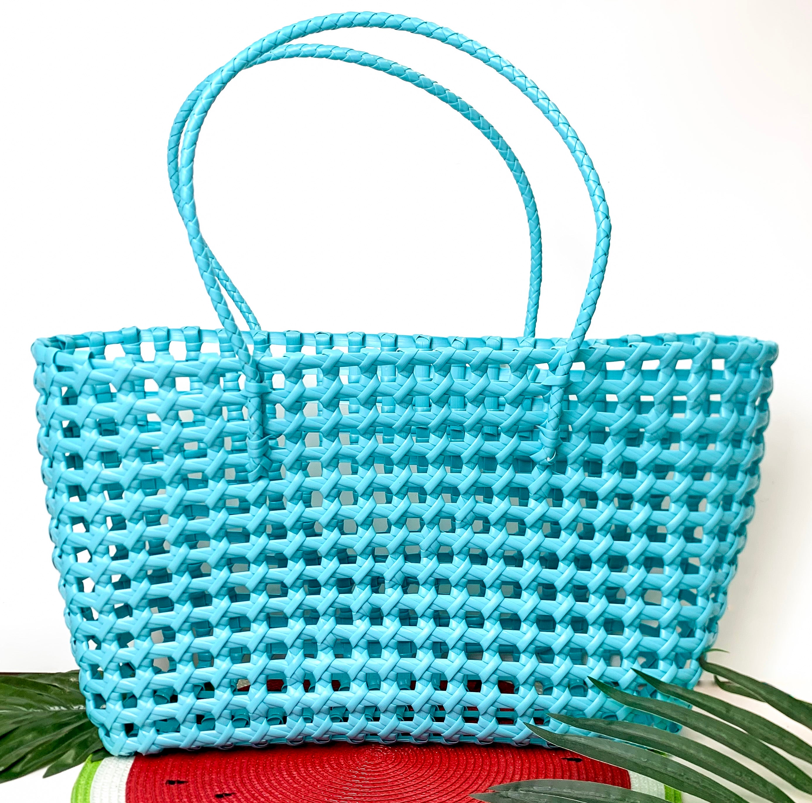 Beachy Brights Basket Tote Bag in Turquoise Blue - Giddy Up Glamour Boutique