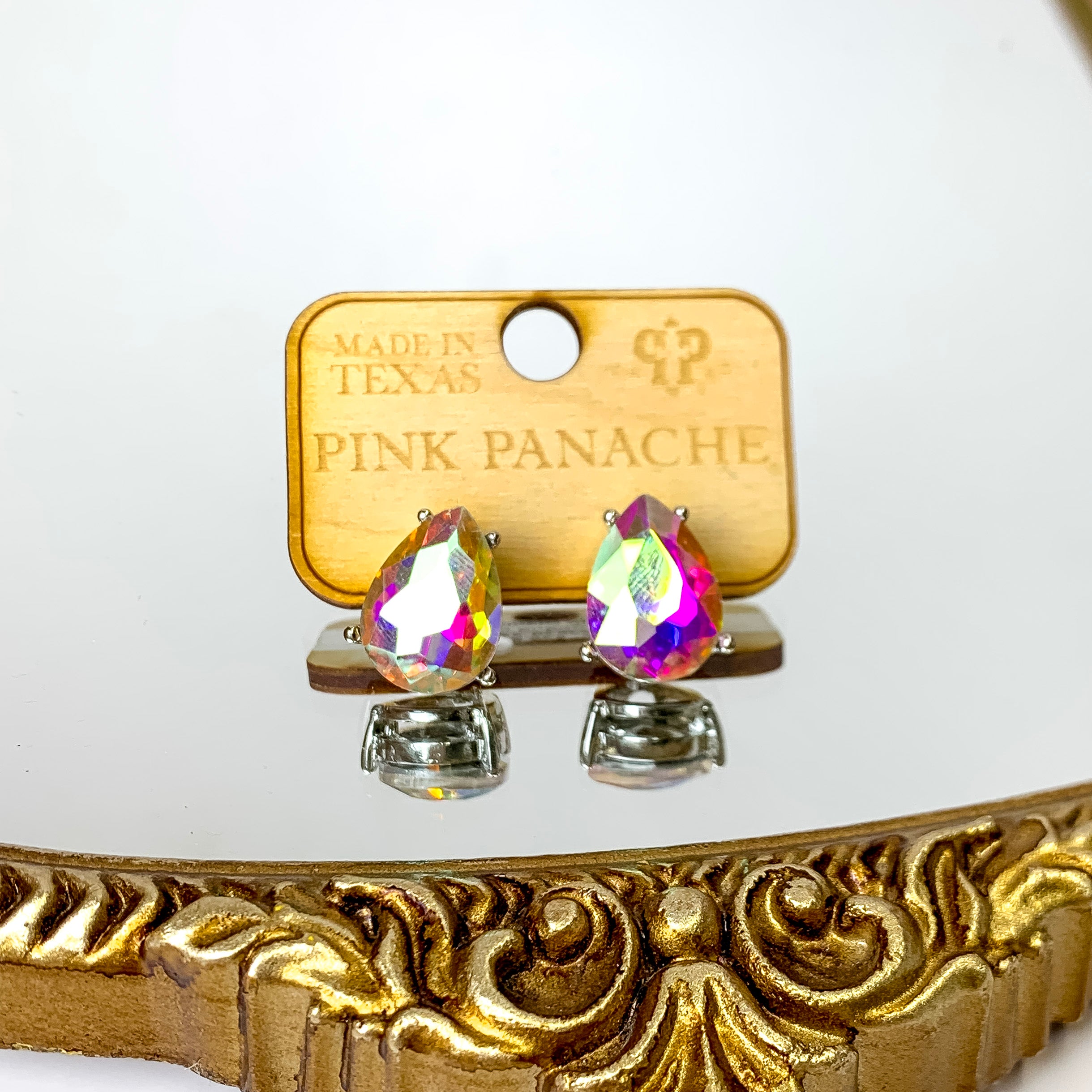 Pink Panache | Teardrop AB Crystal Stud Earrings in a Silver Setting - Giddy Up Glamour Boutique