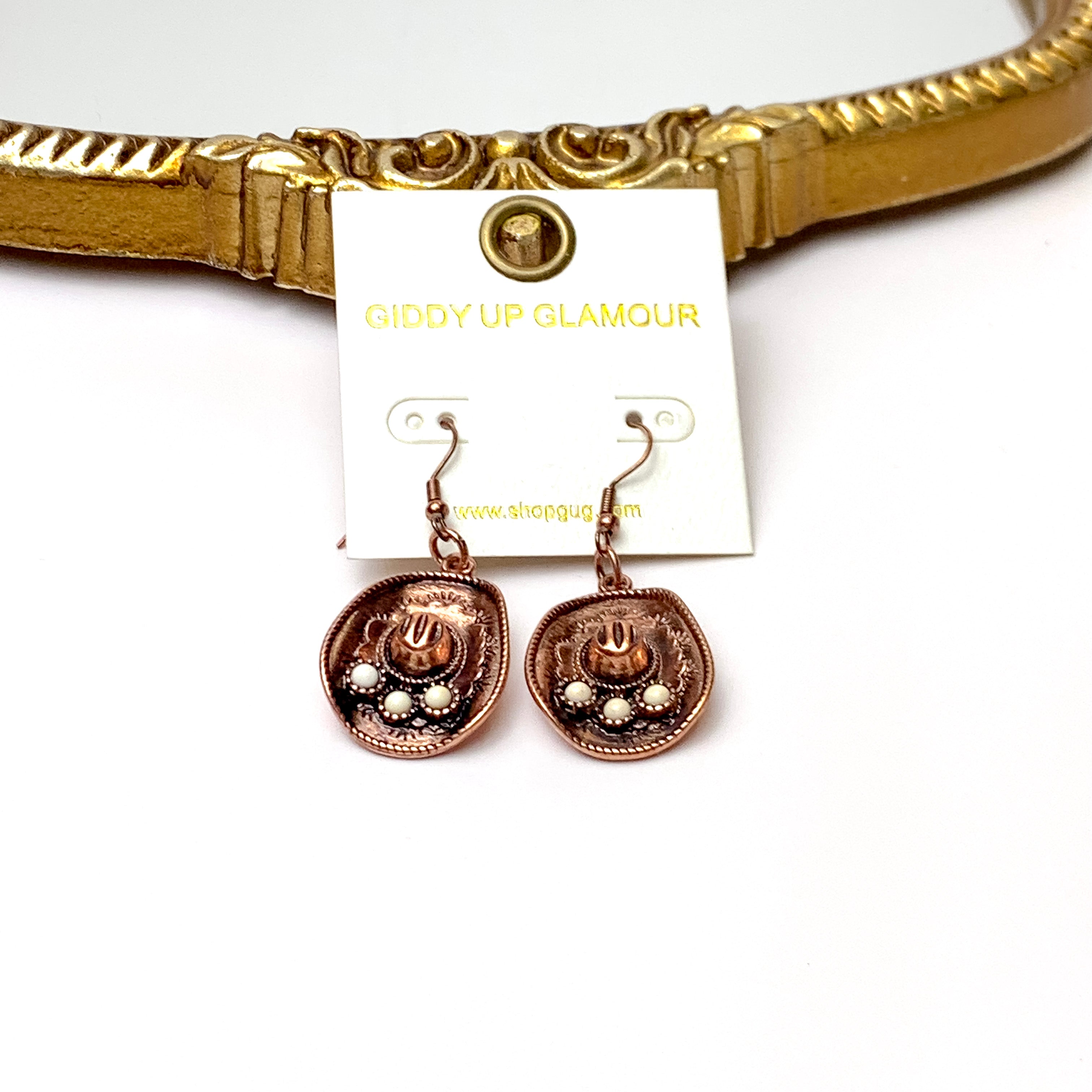 Copper Tone Cowboy Hat Drop Earrings with Faux White Stone Accents - Giddy Up Glamour Boutique