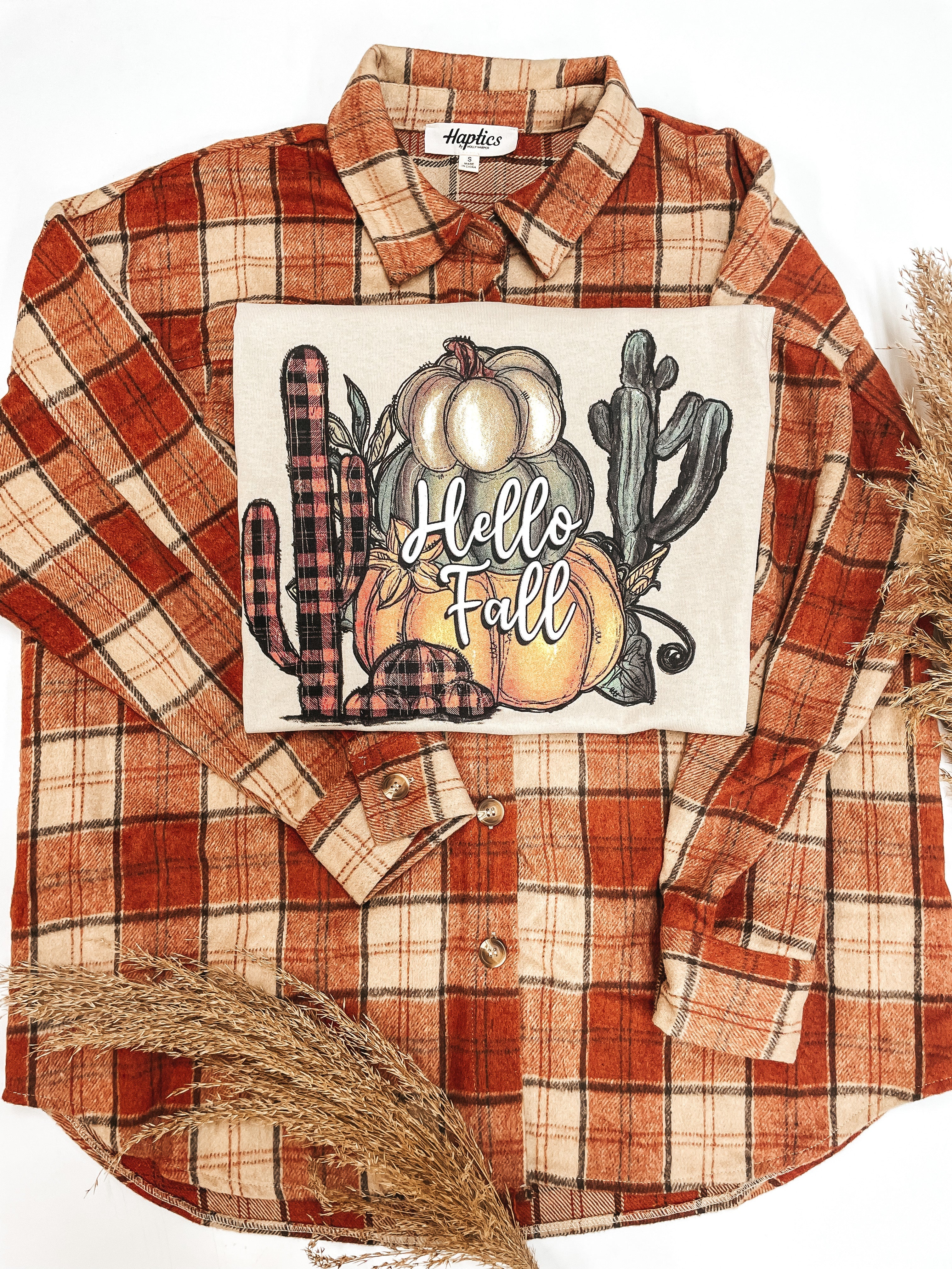 Hello Fall Saguaro Short Sleeve Graphic Tee in Light Beige *slightly blemished* - Giddy Up Glamour Boutique