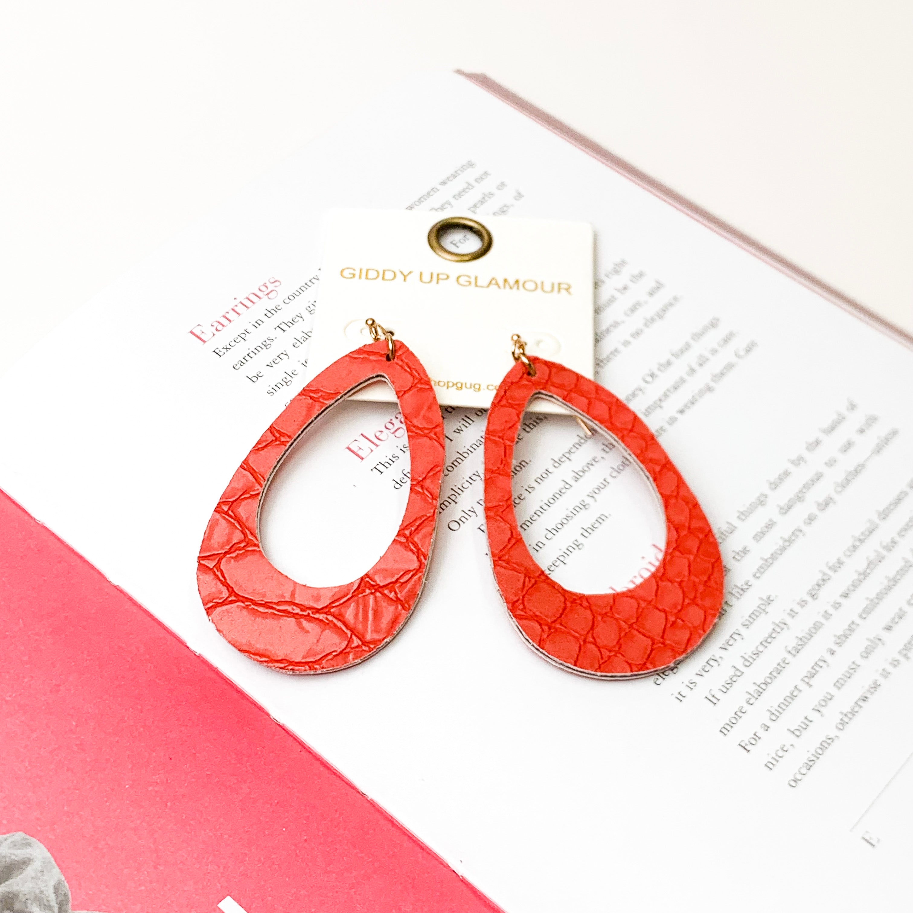 Faux Crimson Red Snakeskin Teardrop Earrings