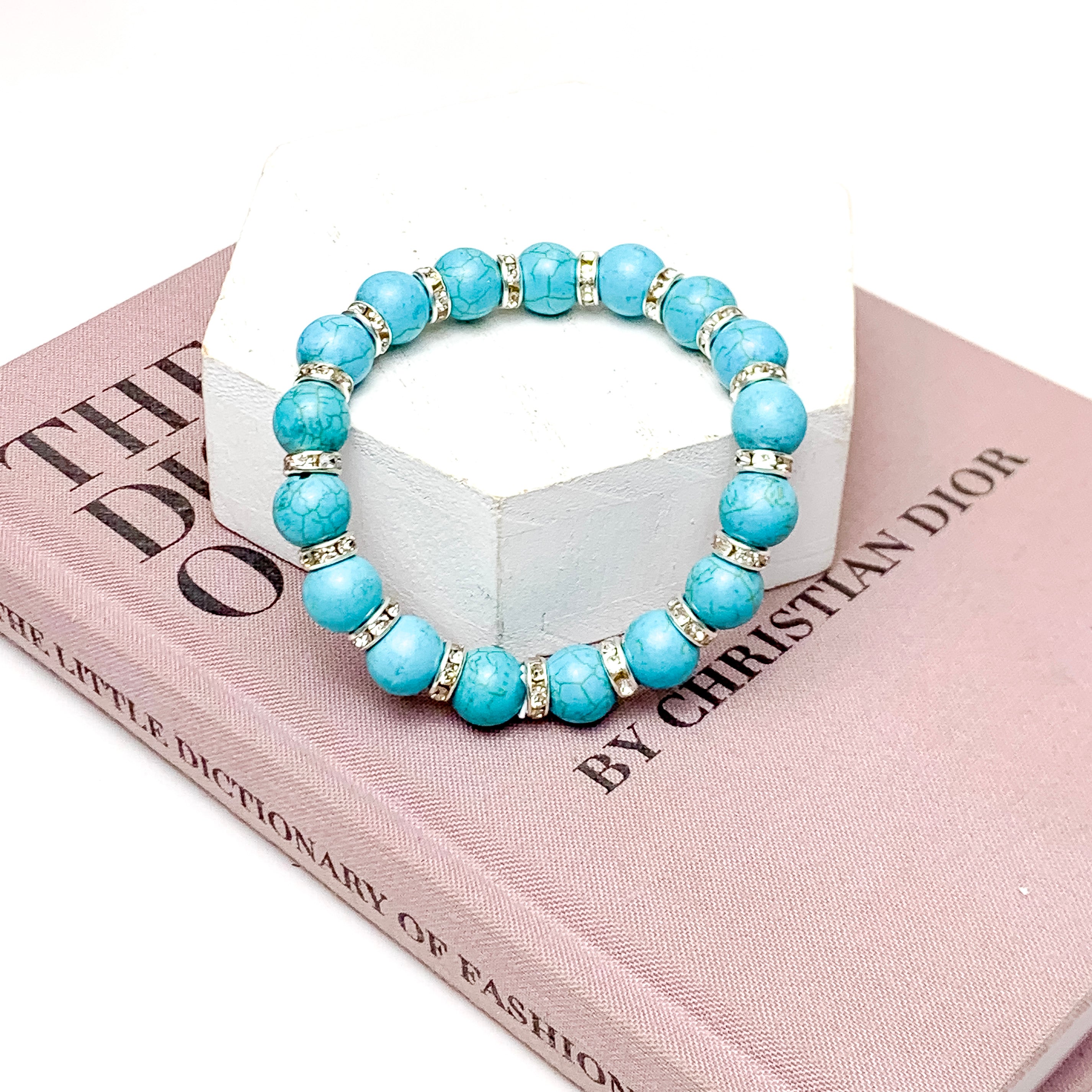 Faux Turquoise Beaded Bracelet with Crystal Accented Spacers