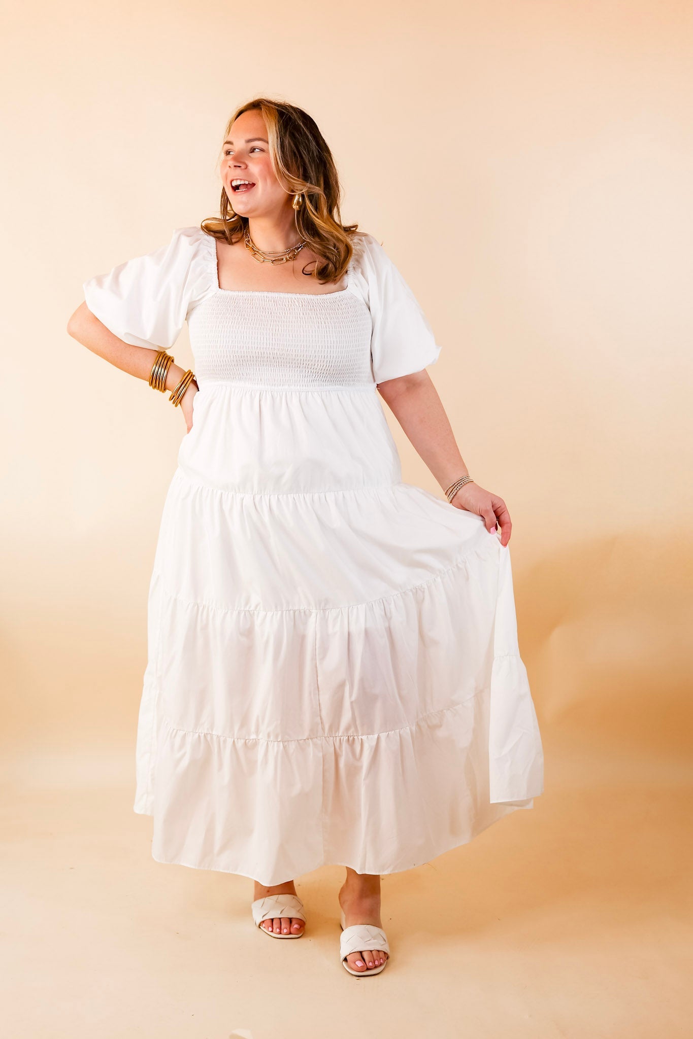 Santorini Sunshine Short Balloon Sleeve Maxi Dress in White - Giddy Up Glamour Boutique