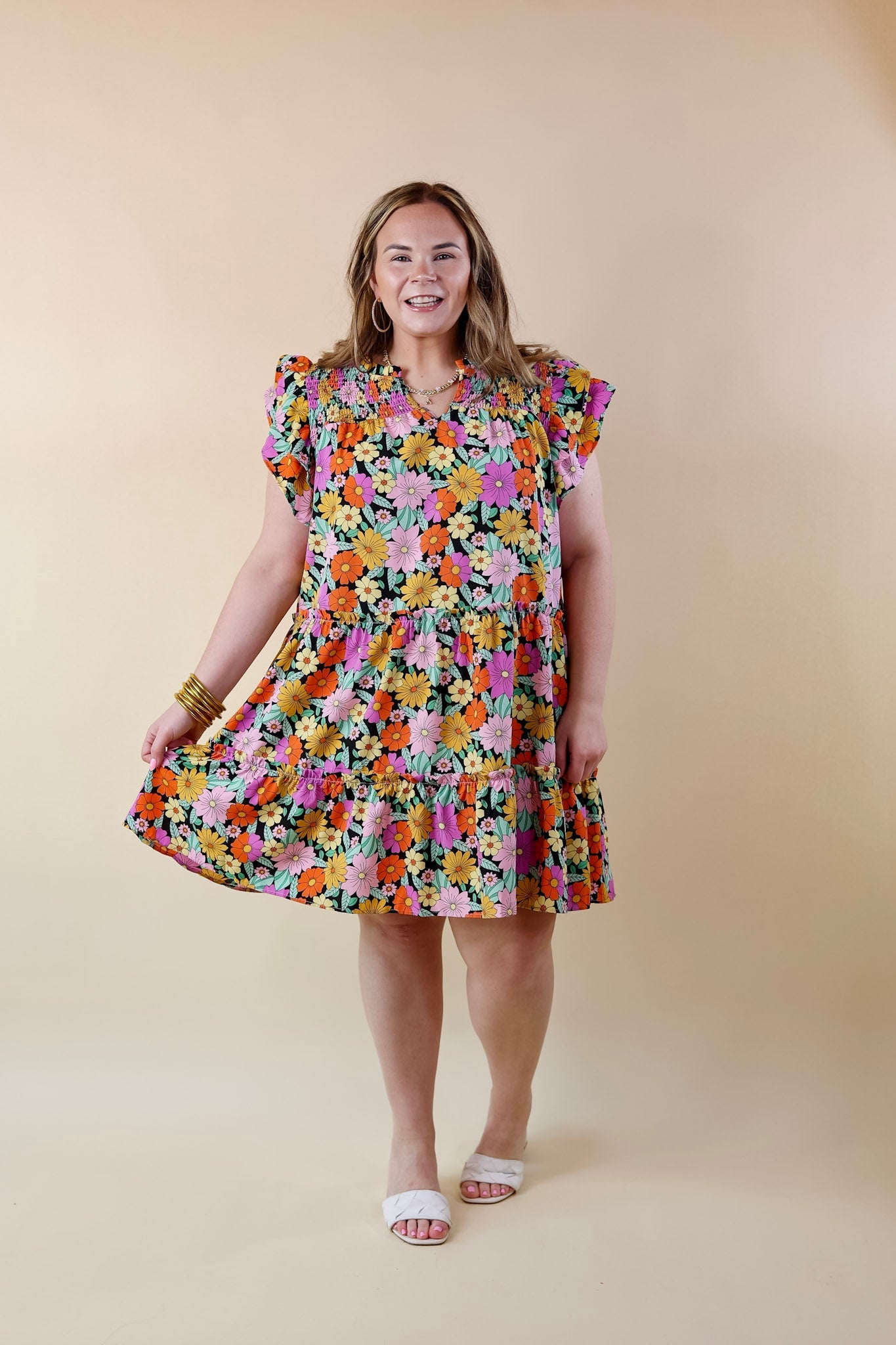 Pretty Days Floral Notched Neckline Dress in Black - Giddy Up Glamour Boutique