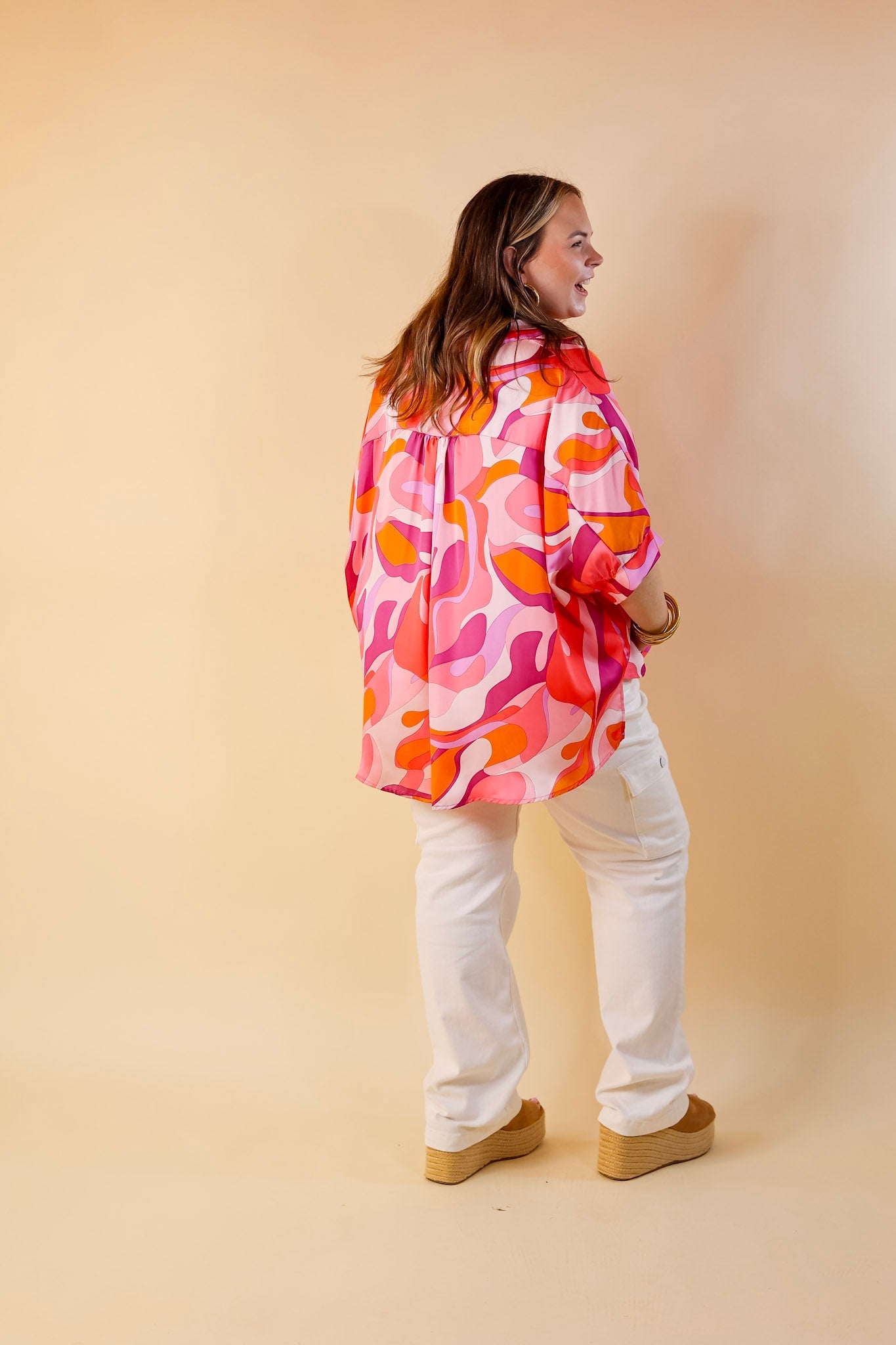 Sophisticated Sweetie Button Up Mosaic Print Poncho Top in Pink Mix - Giddy Up Glamour Boutique