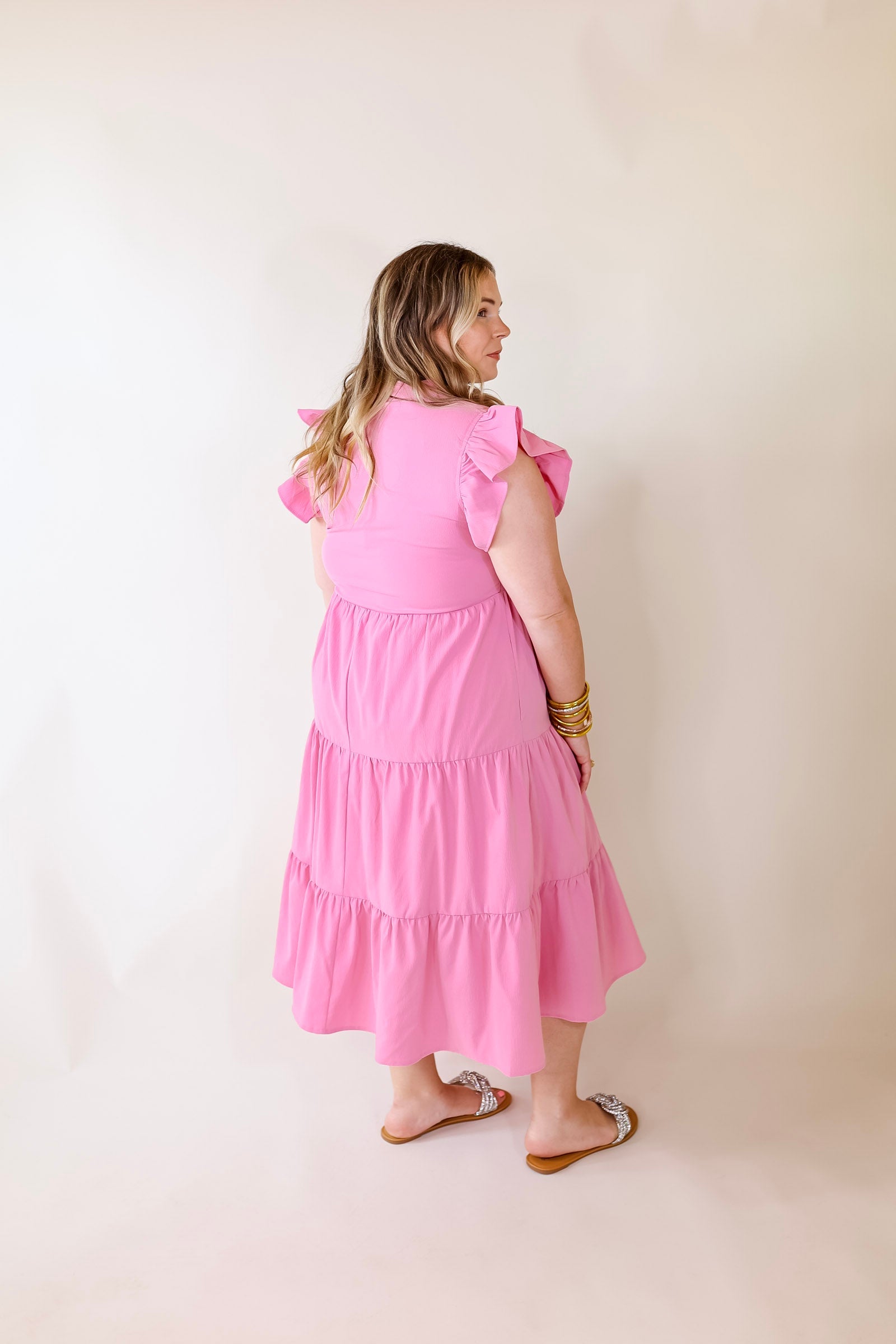 Magnolia Morning Ruffle Cap Sleeve Tiered Midi Dress in Pink - Giddy Up Glamour Boutique