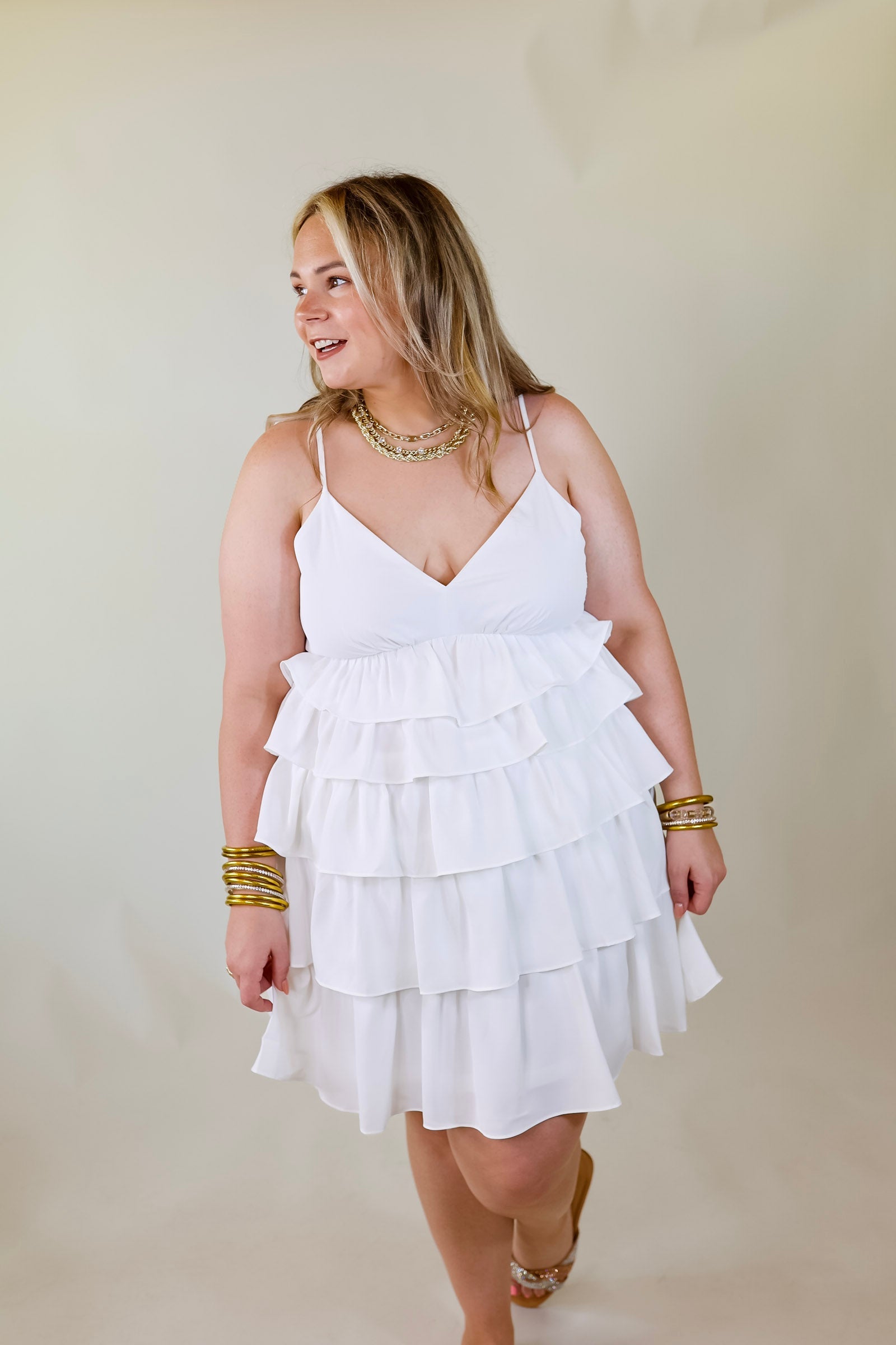 Dare to Dance Ruffled Spaghetti Strap Dress in White - Giddy Up Glamour Boutique