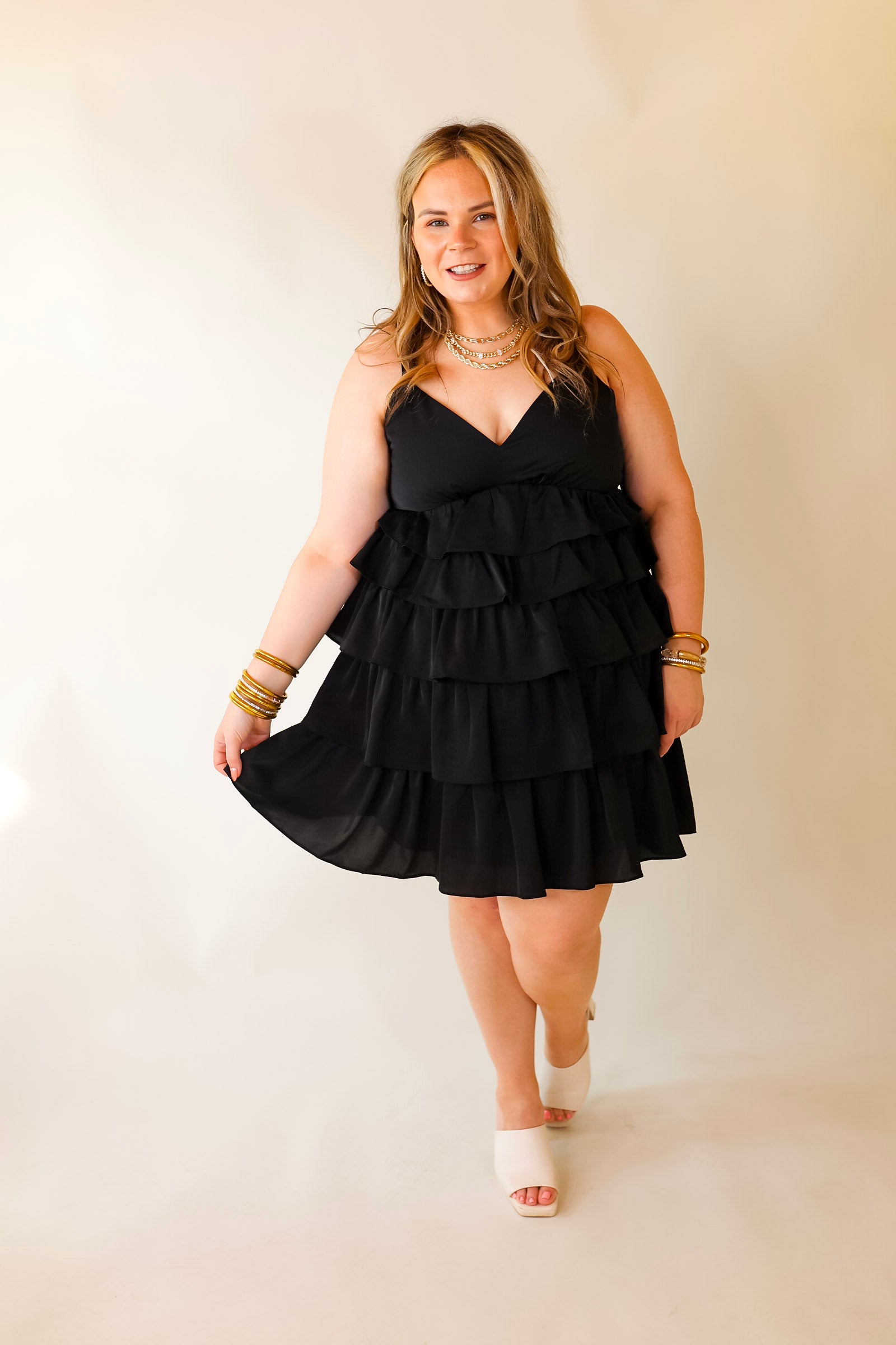 Dare to Dance Ruffled Spaghetti Strap Dress in Black - Giddy Up Glamour Boutique