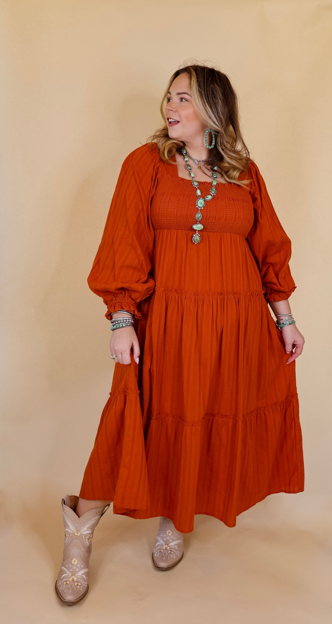 Sunshine And Cider Long Sleeve Tiered Midi Dress in Rust Orange - Giddy Up Glamour Boutique