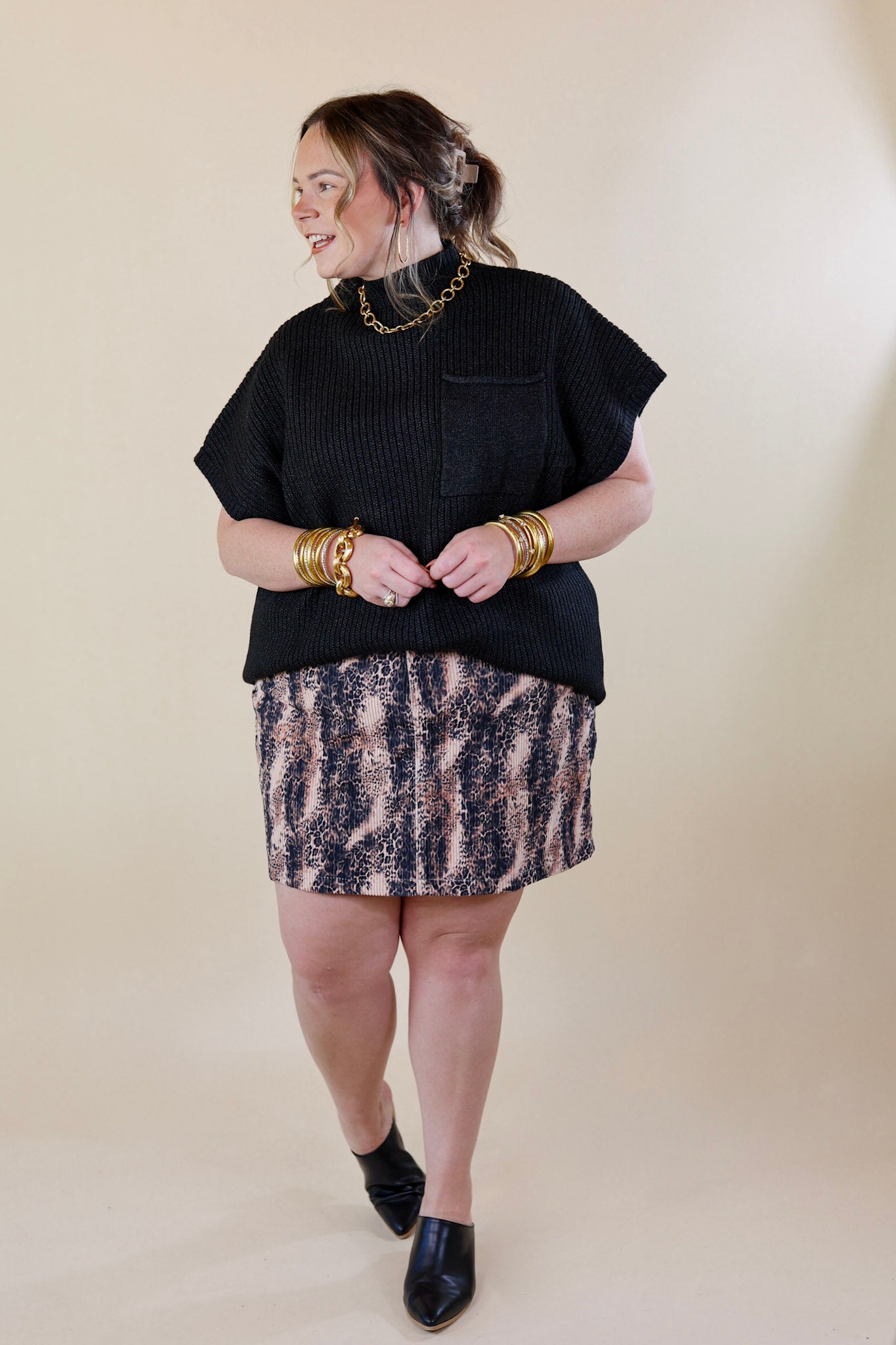 Chic Discovery Corduroy Animal Print Mini Skirt in Blush Pink and Black - Giddy Up Glamour Boutique