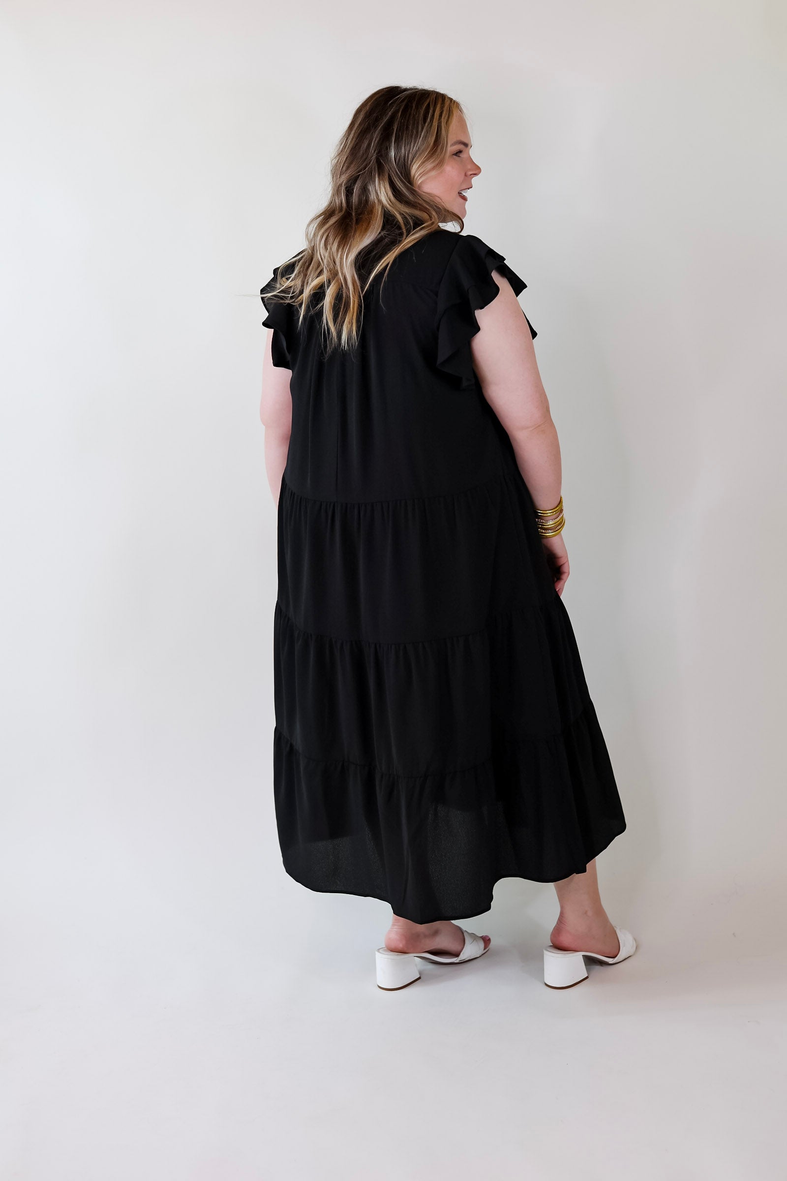 All Of A Sudden Tiered Midi Dress with Ruffle Cap Sleeves in Black - Giddy Up Glamour Boutique