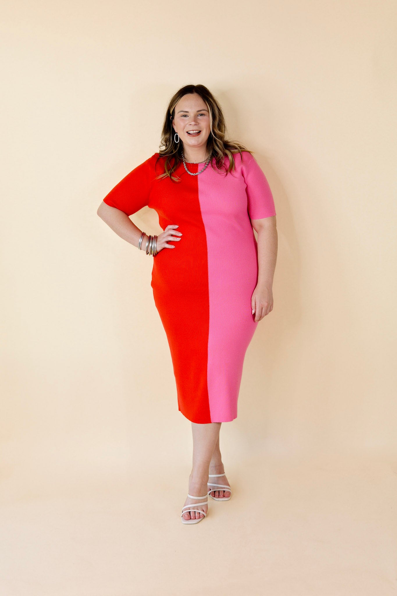 No Drama Ribbed Short Sleeve Midi Dress in Red and Pink - Giddy Up Glamour Boutique