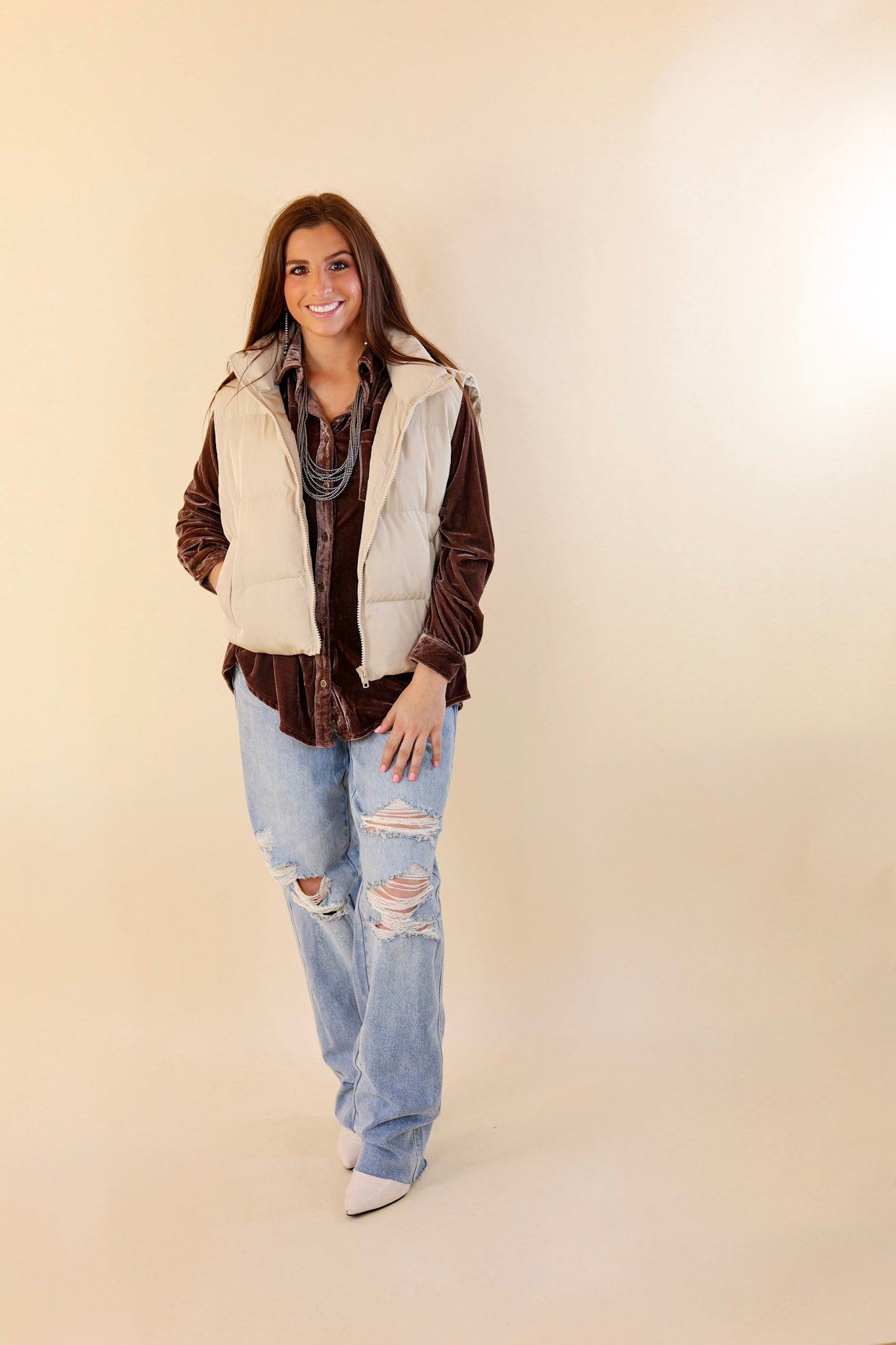 Whispering Pines Puffer Vest in Beige - Giddy Up Glamour Boutique