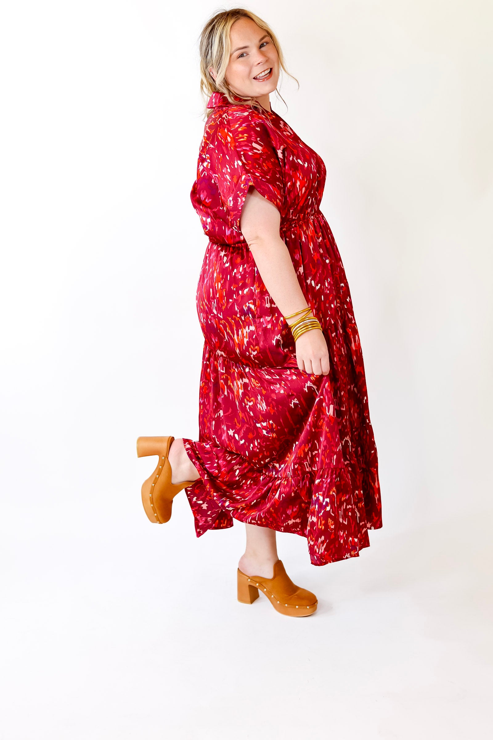 Burnin' Up Multicolor Abstract Midi Dress in Wine Red - Giddy Up Glamour Boutique