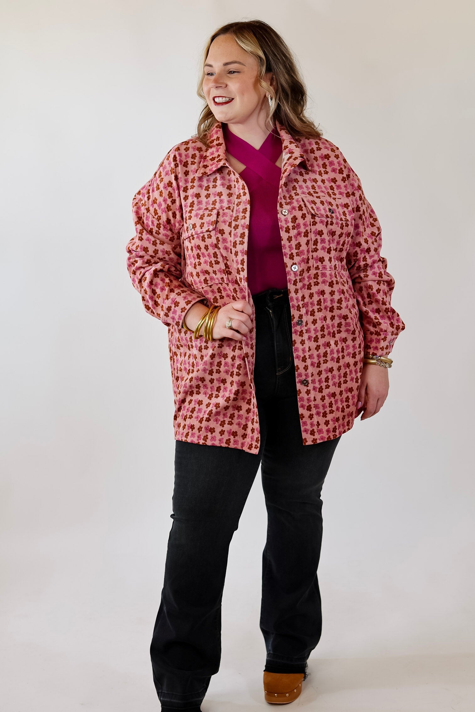 Autumn Brunch Floral Print Corduroy Shacket in Dusty Pink - Giddy Up Glamour Boutique