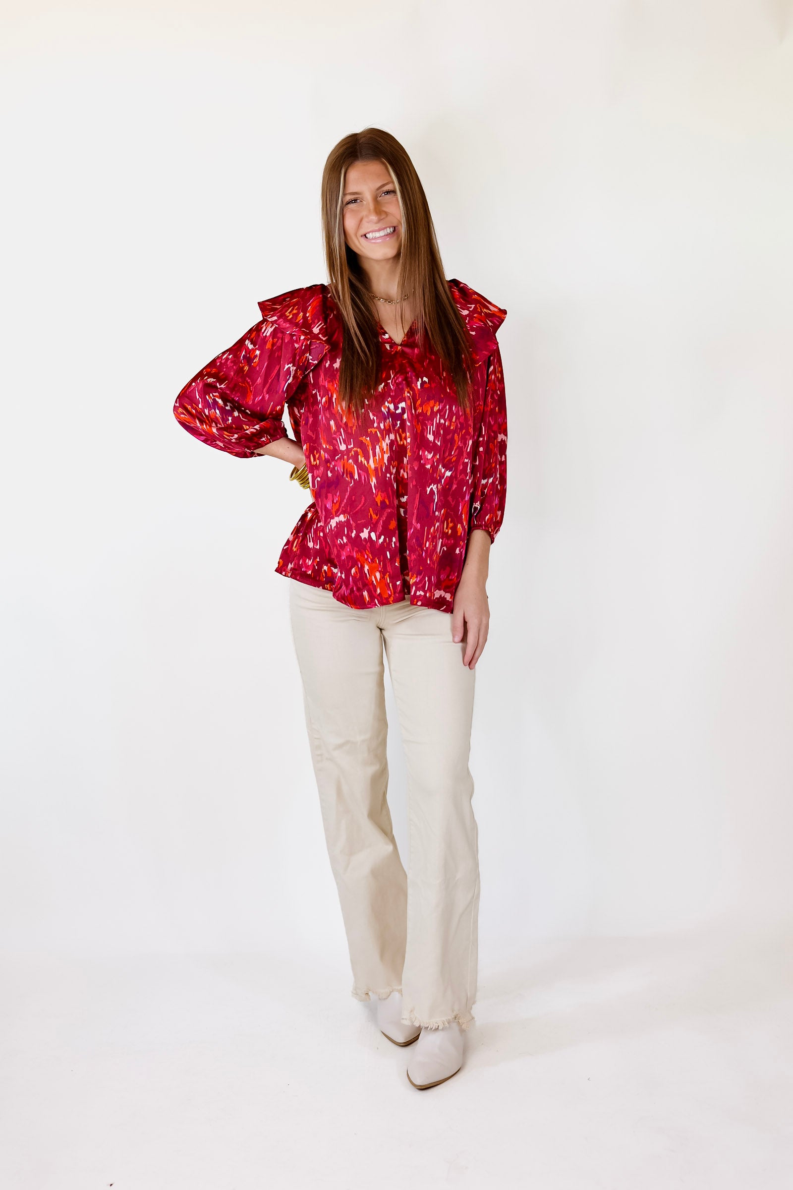 Sweet Charisma Abstract Print Blouse with Notched Neckline in Maroon - Giddy Up Glamour Boutique