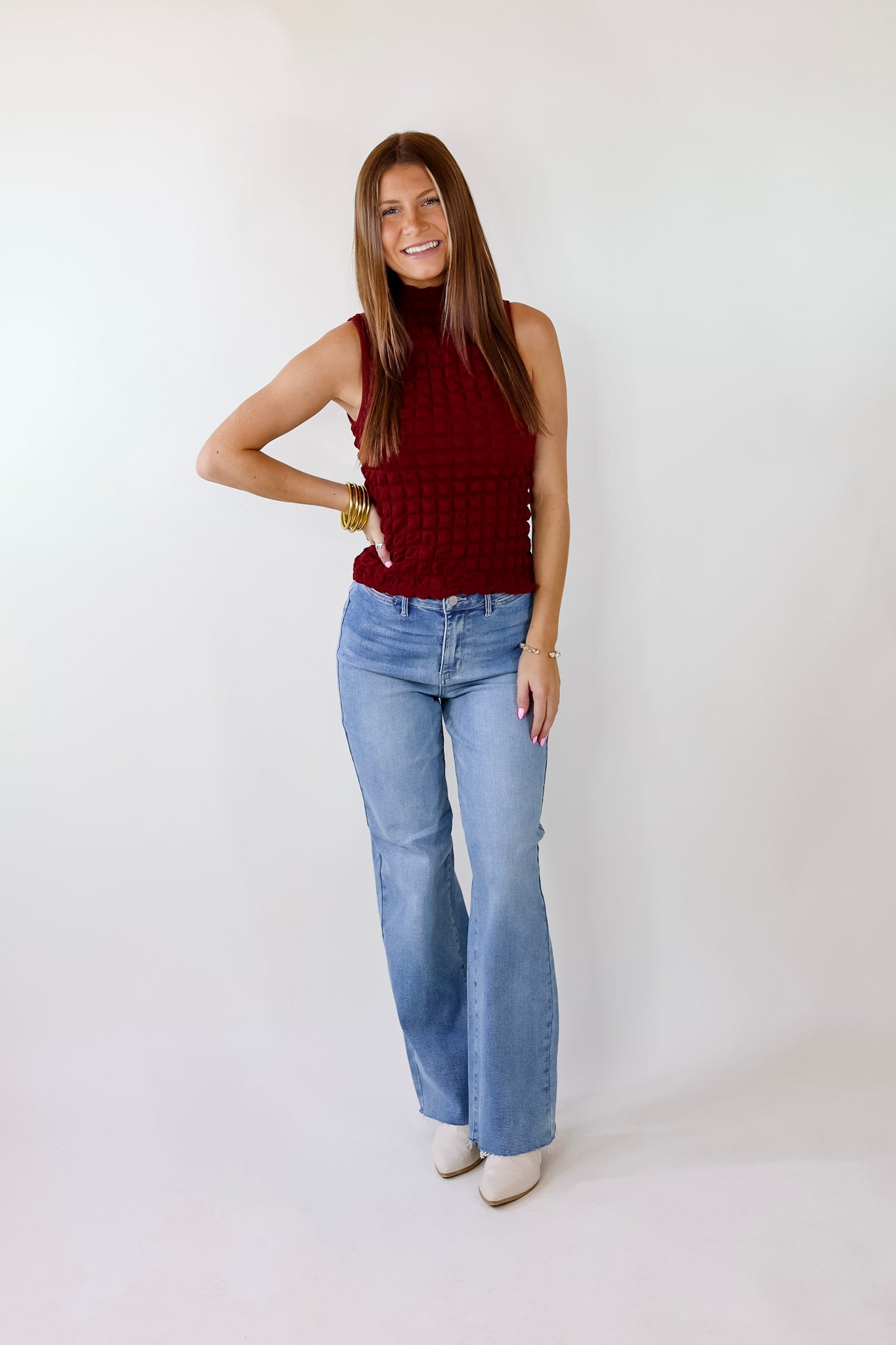 Daring Stares Mock Neck Bubble Tank Top in Maroon - Giddy Up Glamour Boutique