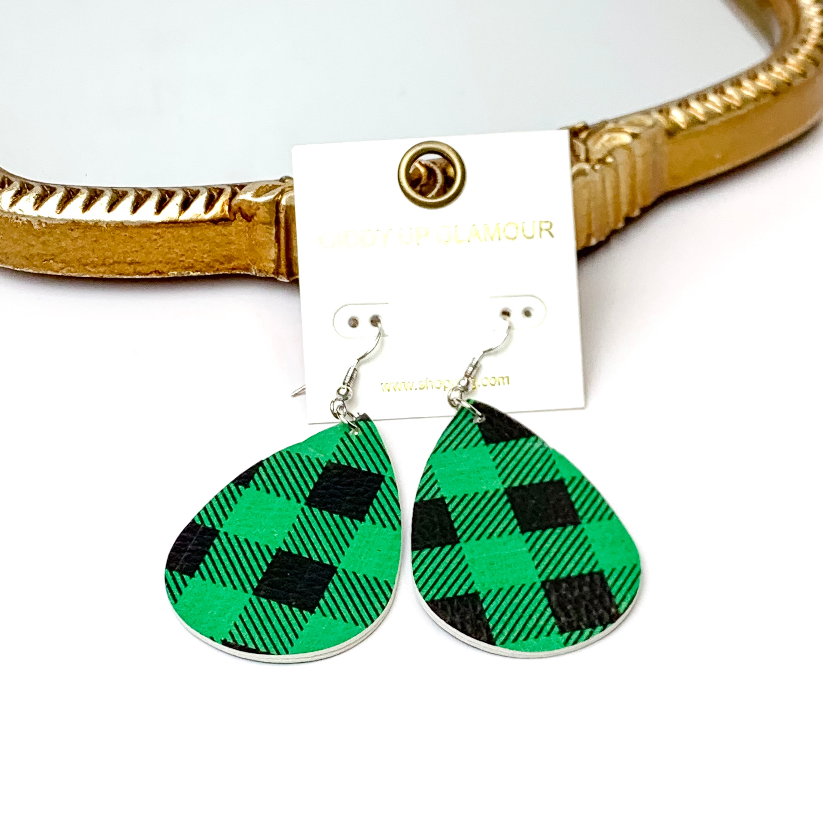 Buffalo Plaid Leather Layered Teardrop Earrings in Green - Giddy Up Glamour Boutique