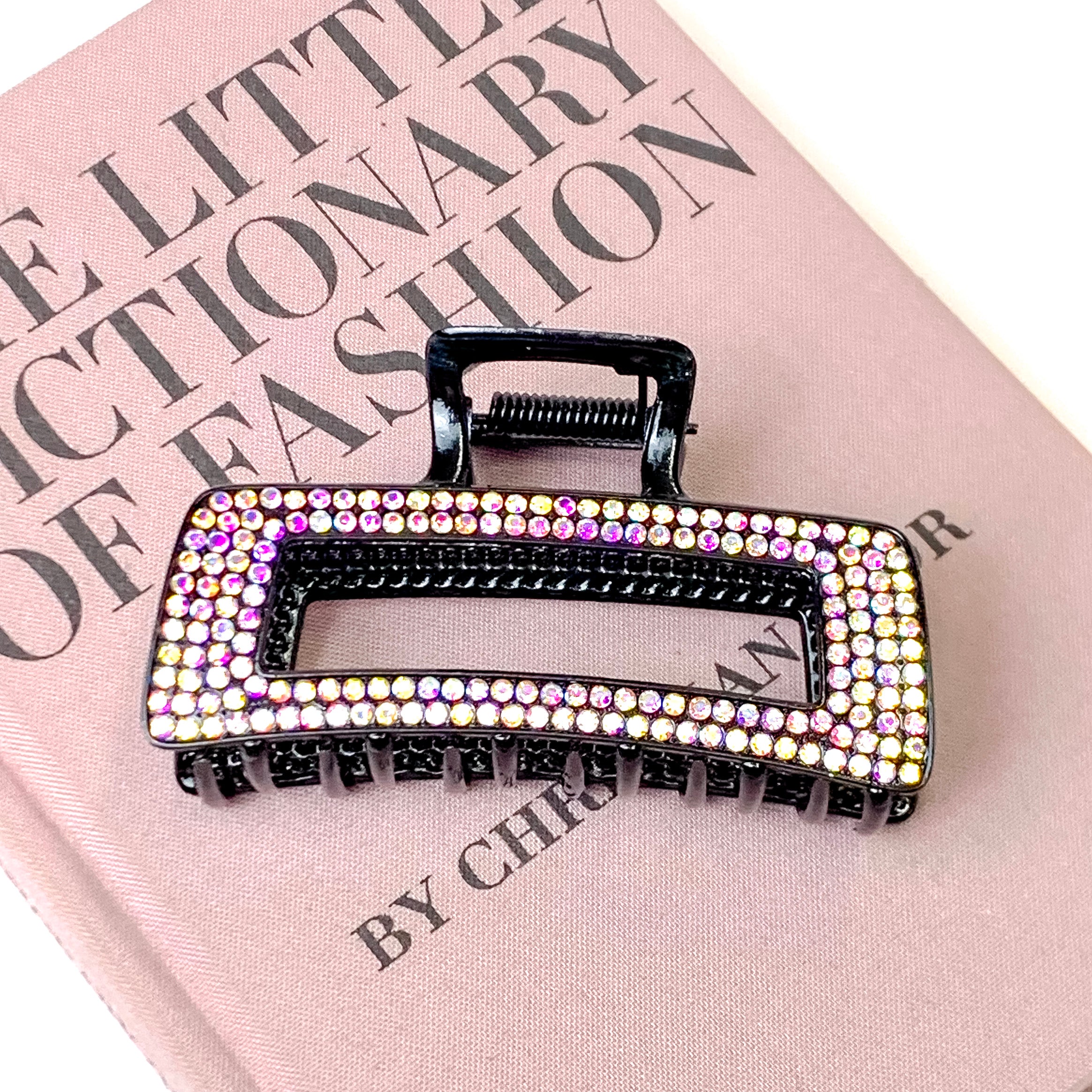 AB Crystal Embellished Metal Rectangle Hair Clip in Black - Giddy Up Glamour Boutique