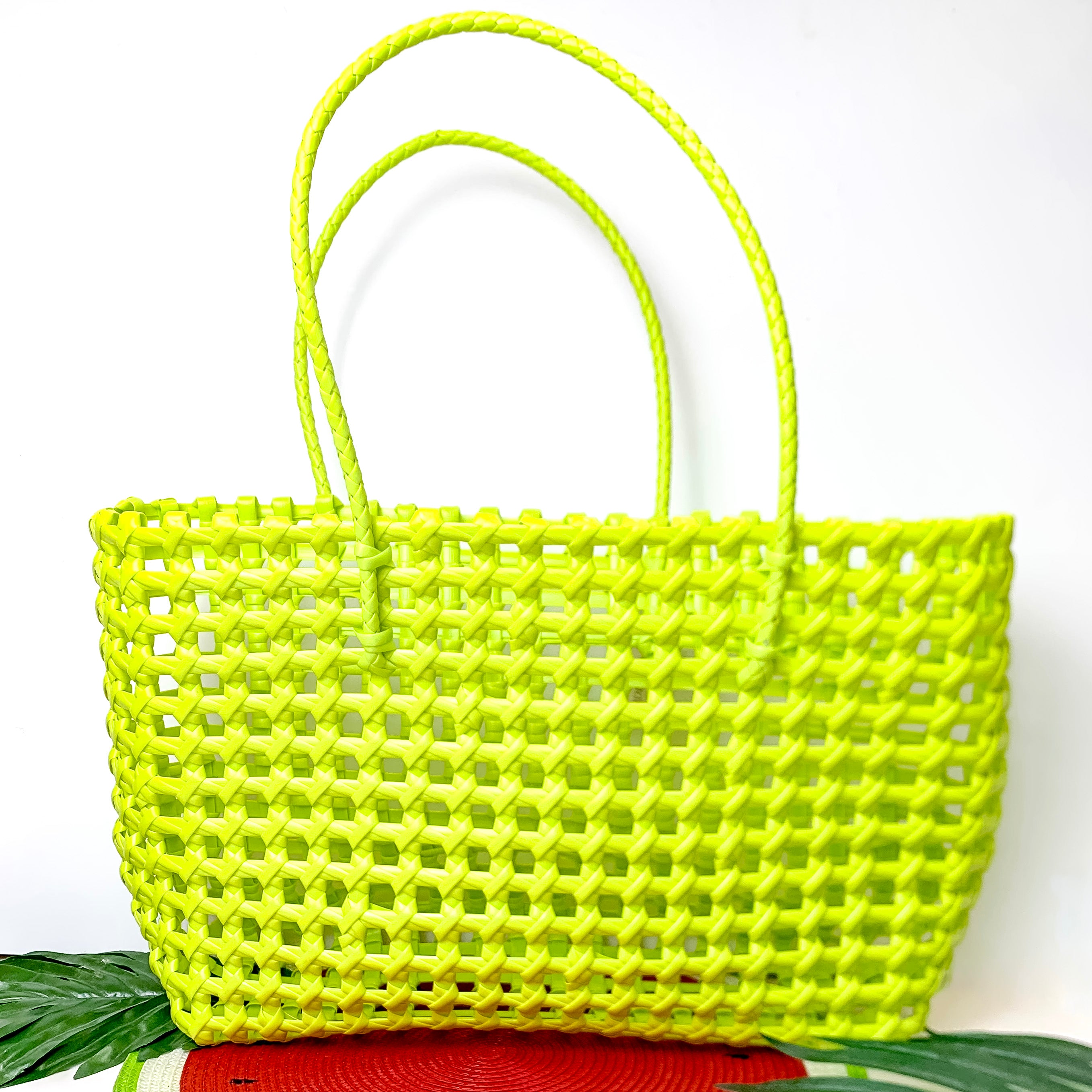 Beachy Brights Basket Tote Bag in Lime Green