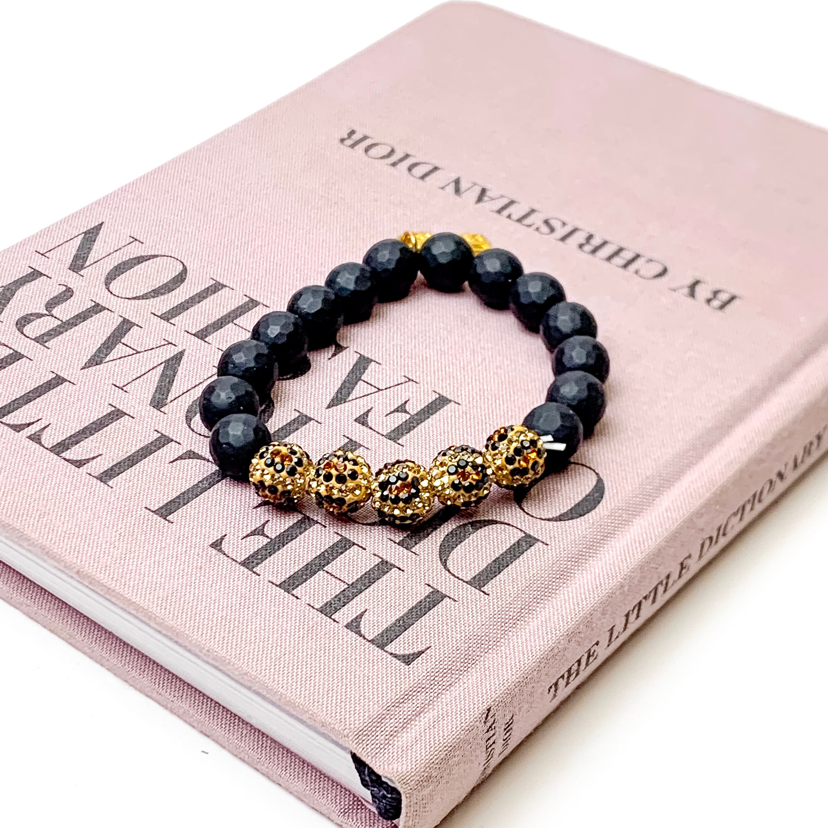 Black Beaded Stretch Bracelet with Leopard Beads