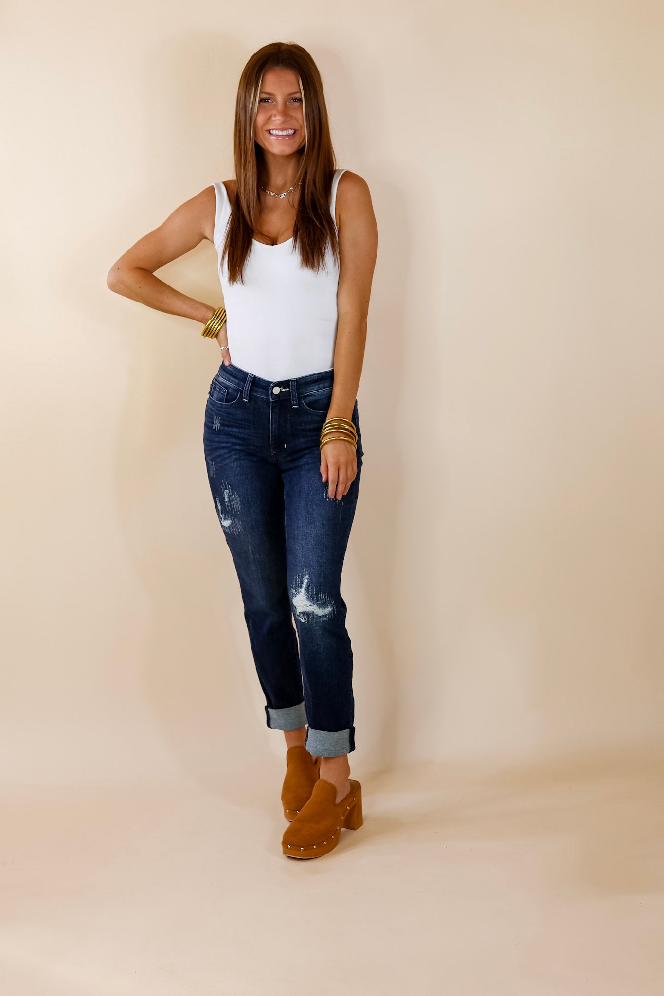 Judy Blue | Cute Energy Cuffed Jeans with Distressed Stitching in Dark Wash - Giddy Up Glamour Boutique
