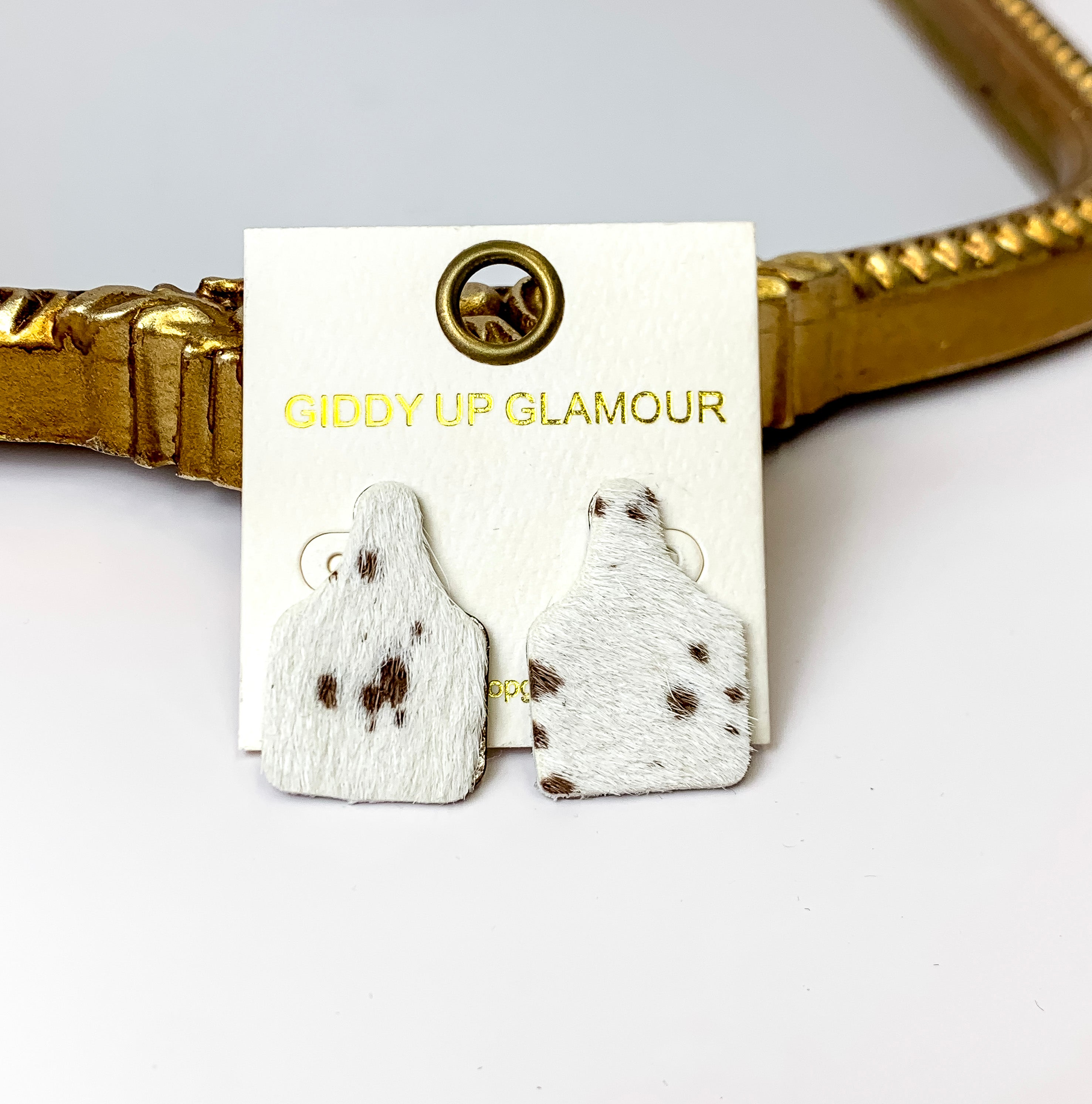 Cattle Tag Stud Earrings in White and Brown Cow Print - Giddy Up Glamour Boutique