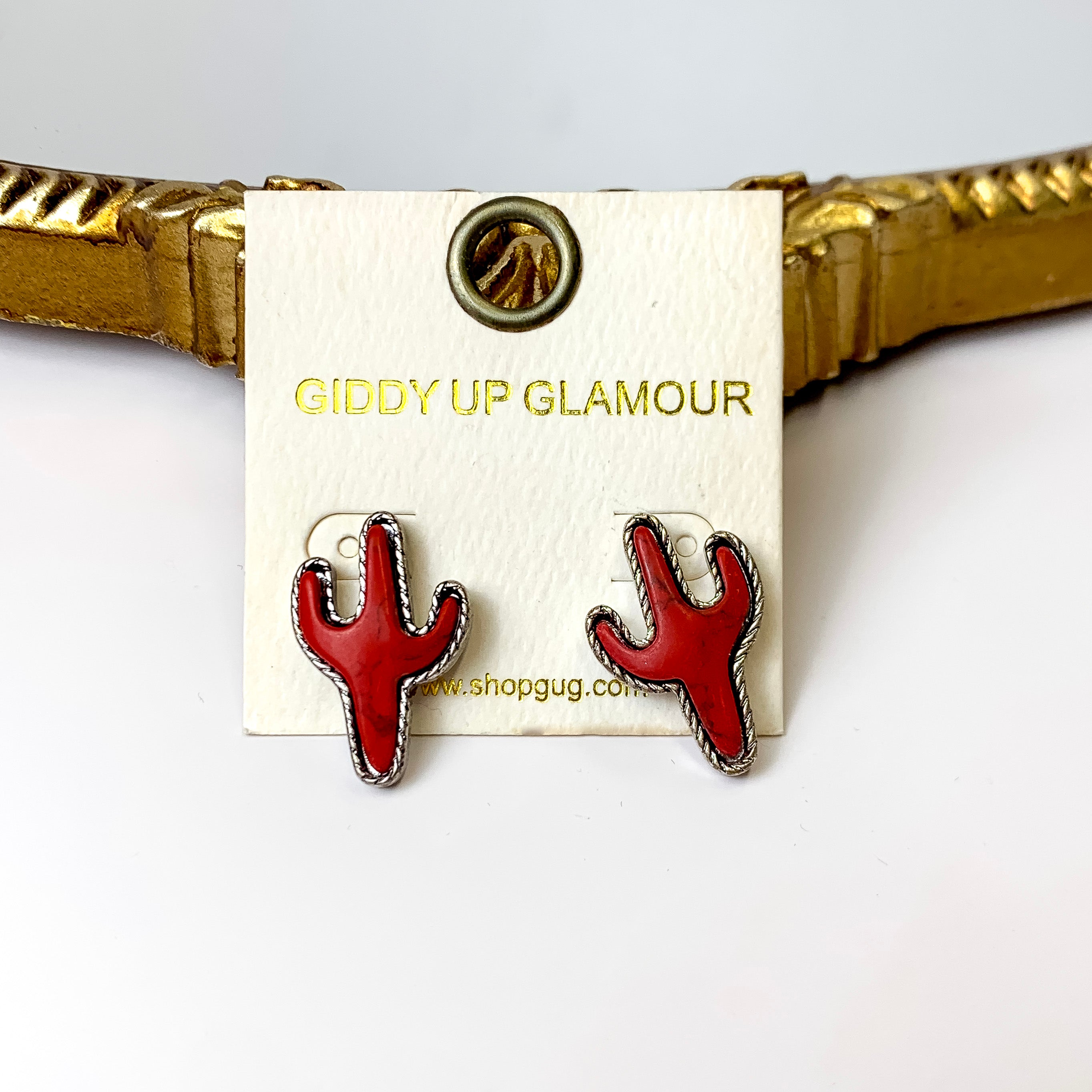 Desert Dreamin' Cactus Stud Earrings in Red - Giddy Up Glamour Boutique