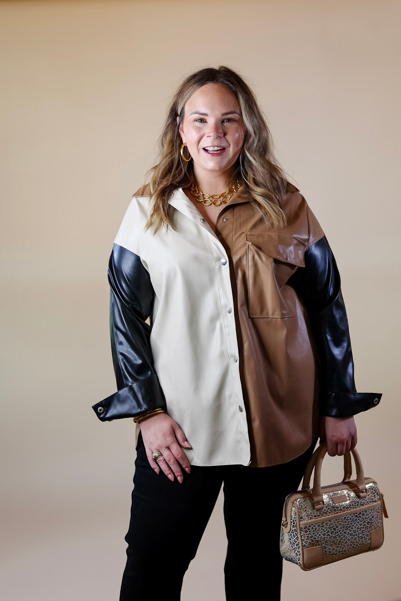 Autumn Event Faux Leather Color Block Shacket in Black Mix - Giddy Up Glamour Boutique
