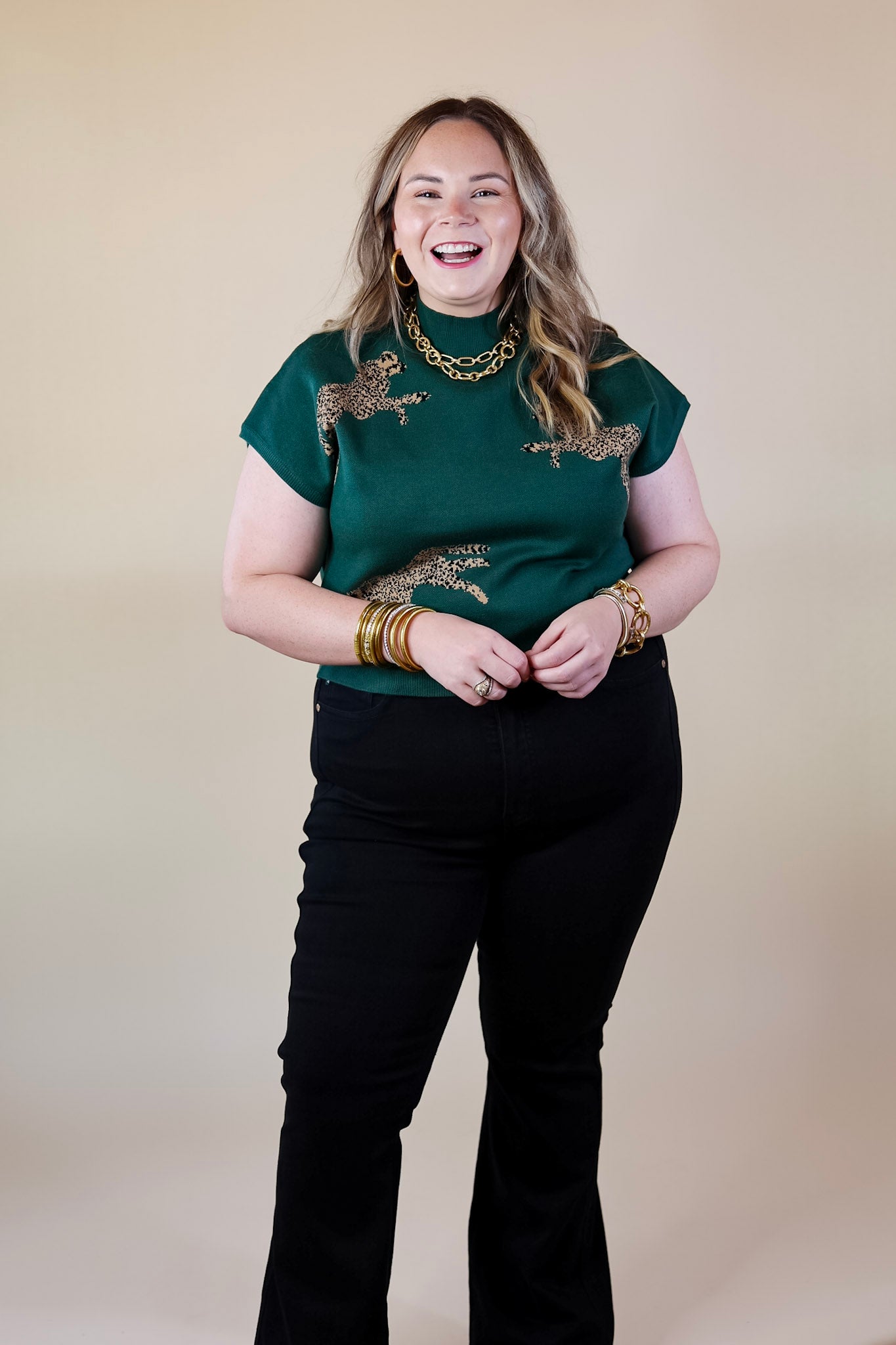 Upscale Charm Cheetah Print Sweater Top in Hunter Green - Giddy Up Glamour Boutique