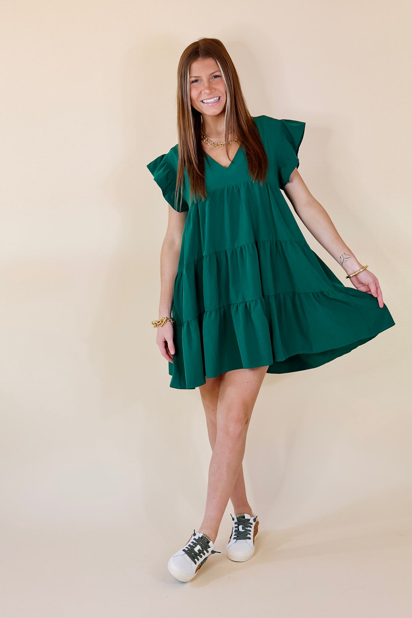 Delightful Endeavor Ruffle Cap Sleeve Tiered Dress in Hunter Green - Giddy Up Glamour Boutique