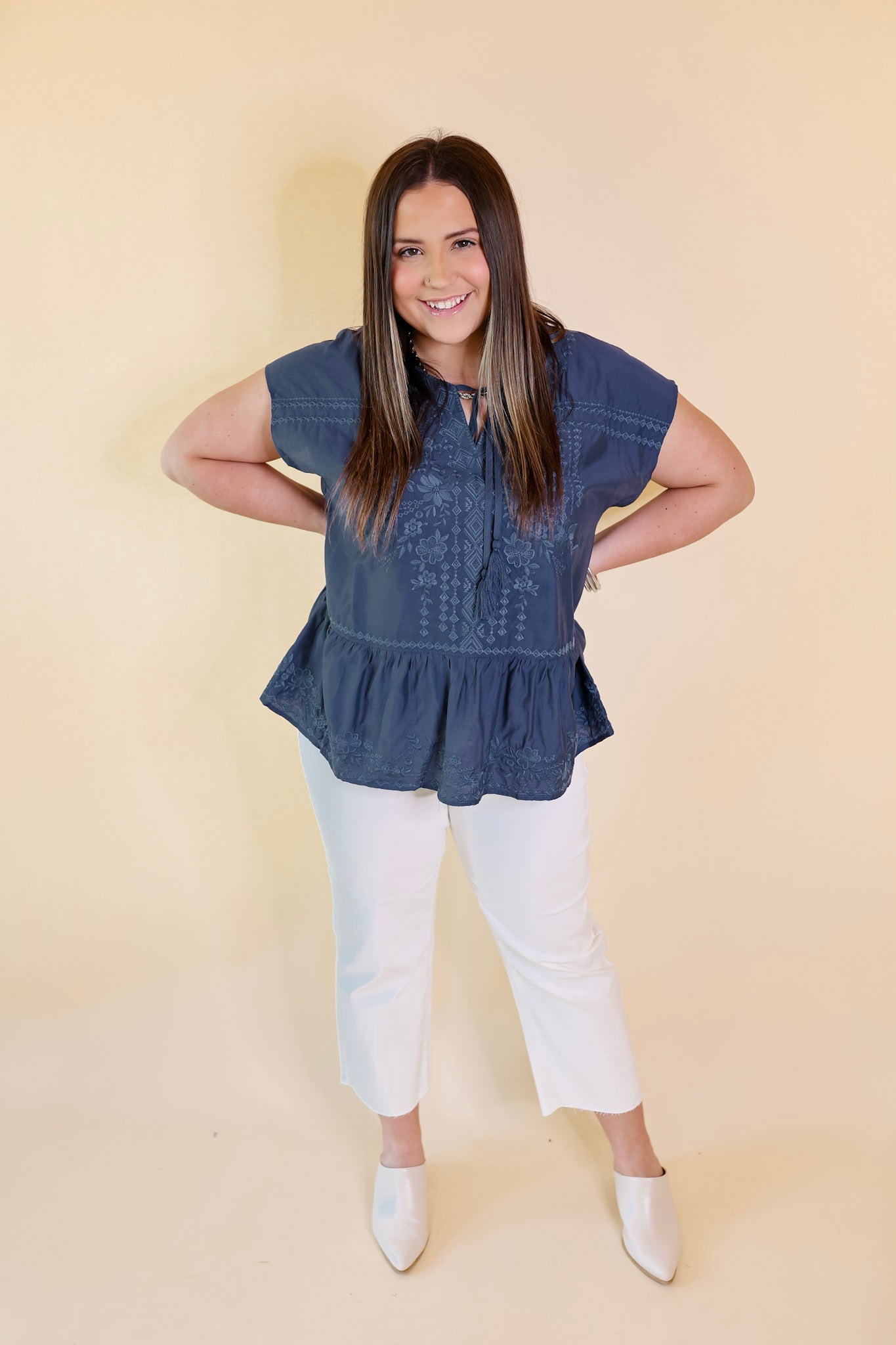 Craving Sunshine Embroidered Cap Sleeve Top with Keyhole in Navy - Giddy Up Glamour Boutique