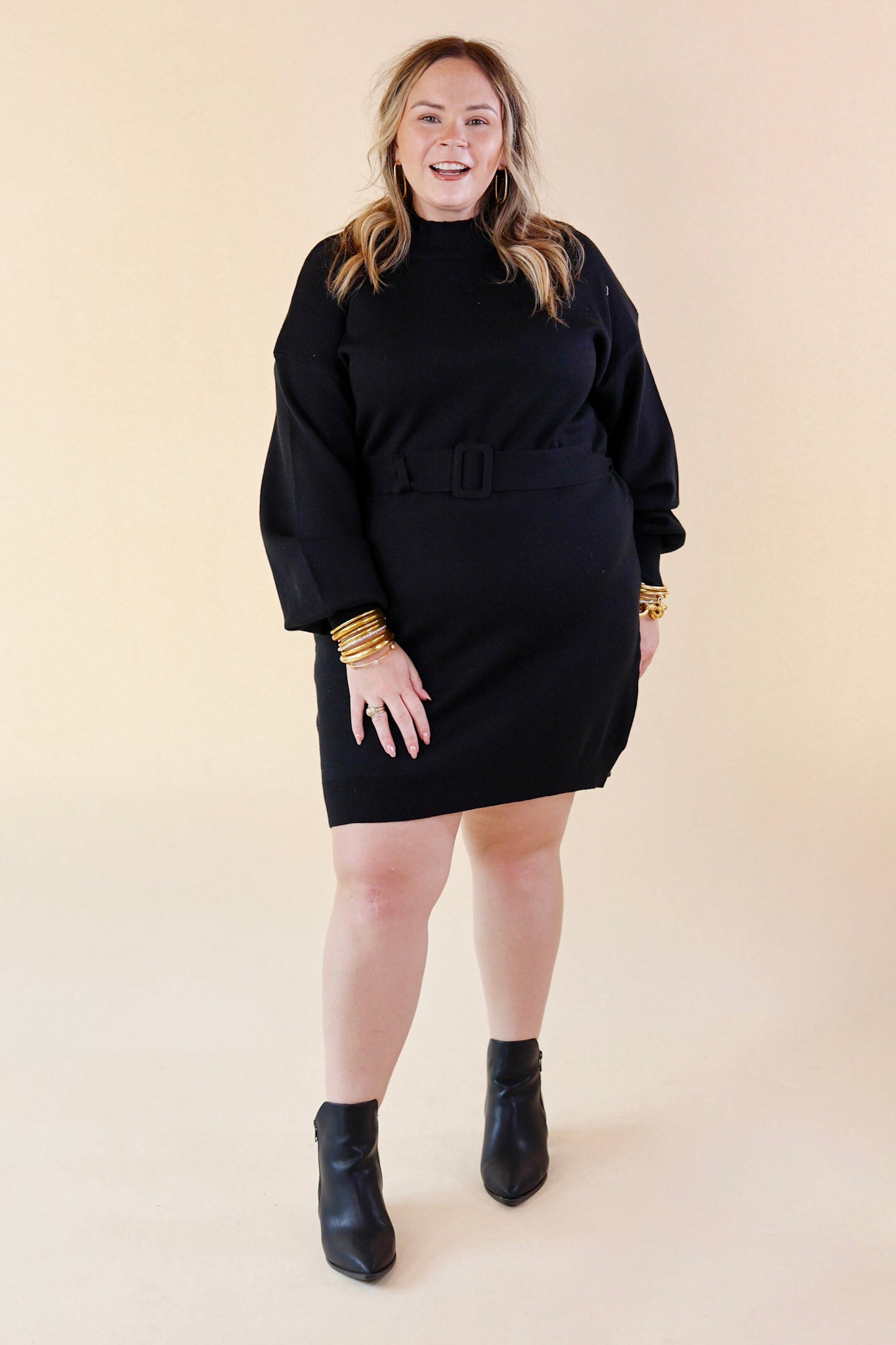 Luxurious Life Sweater Dress with Belt in Black - Giddy Up Glamour Boutique