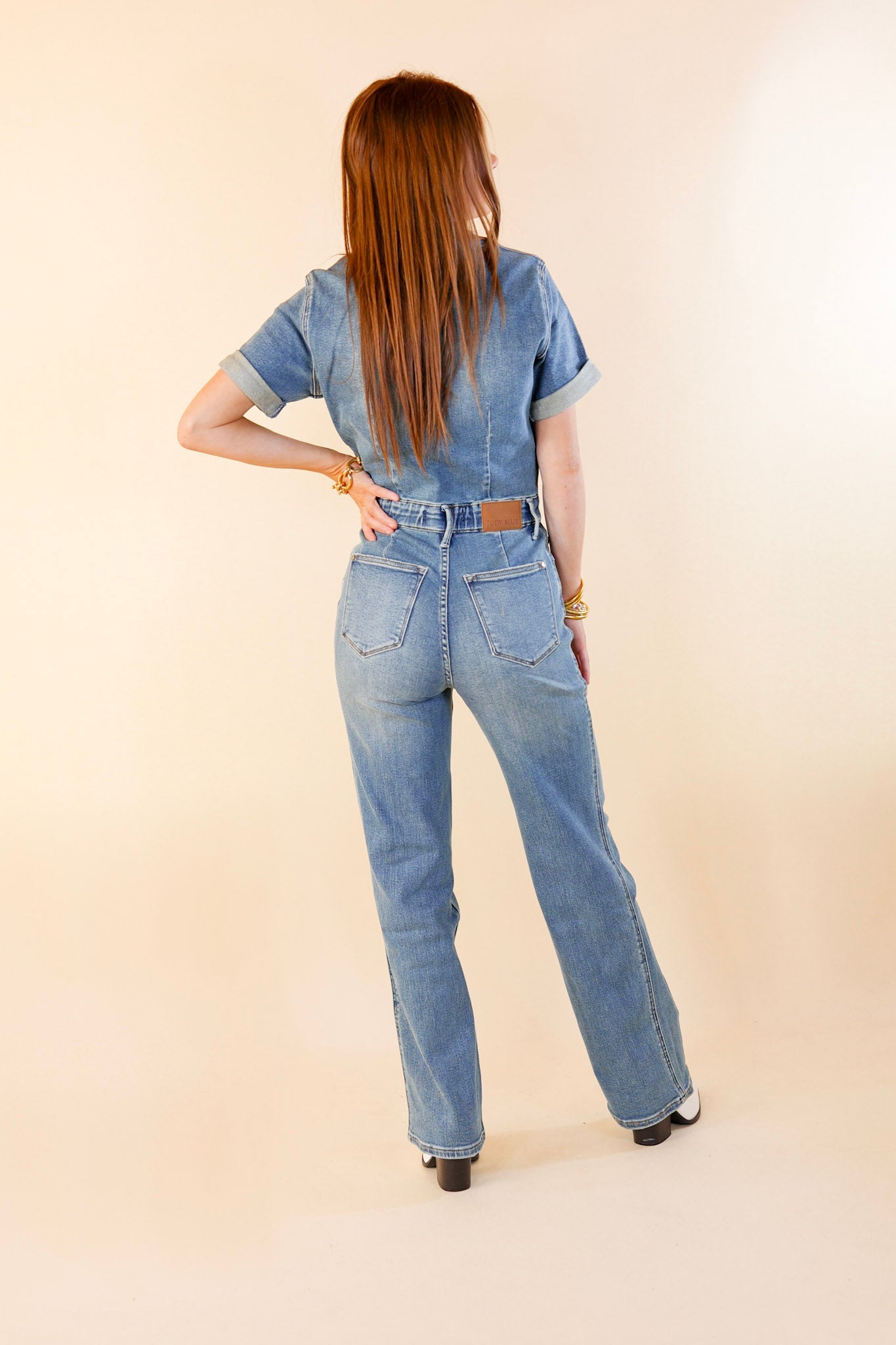 Judy Blue | New To The City Short Sleeve Denim Jumpsuit in Medium Wash - Giddy Up Glamour Boutique