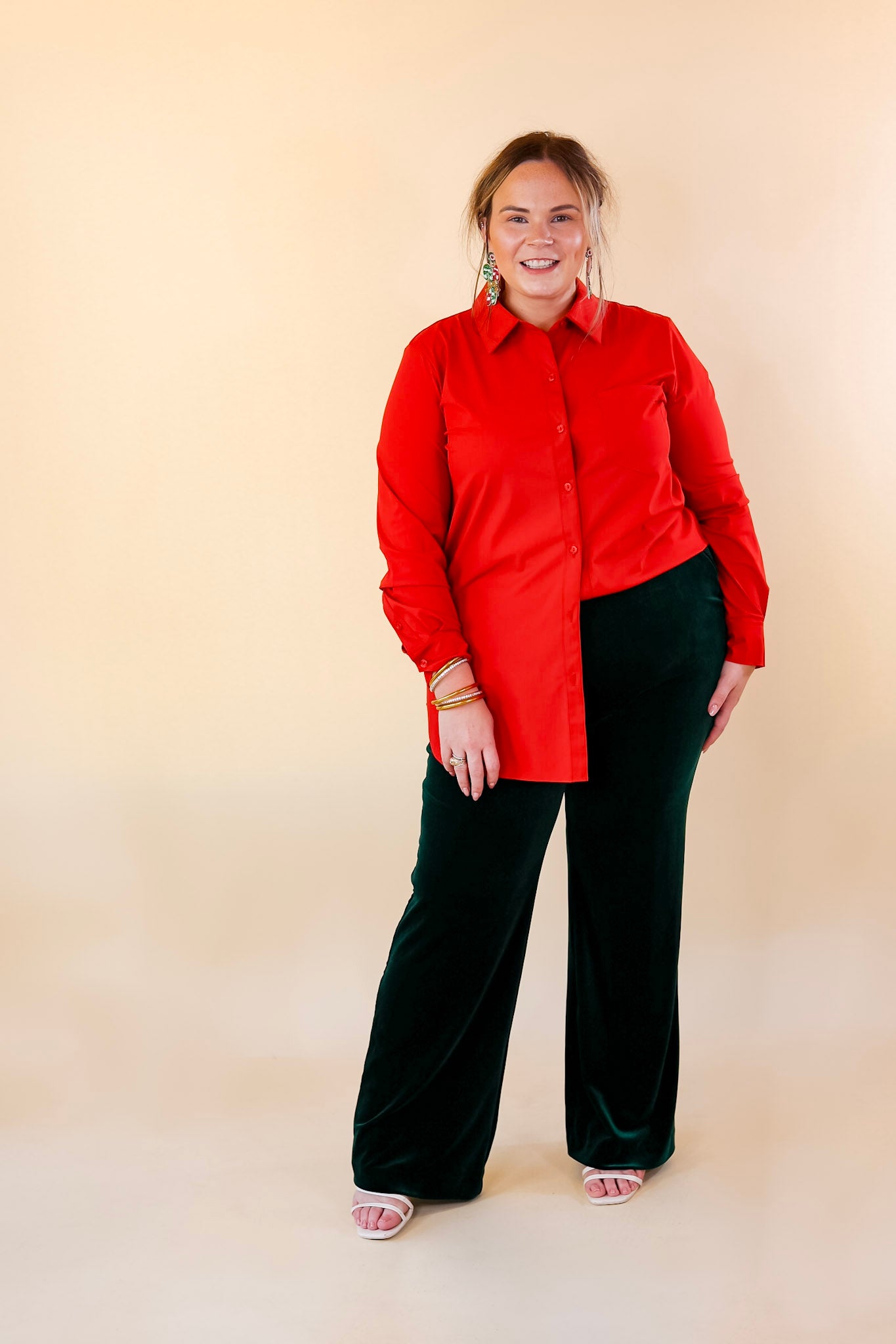 Lyssé | Schiffer Button Down Dress Shirt in Red - Giddy Up Glamour Boutique