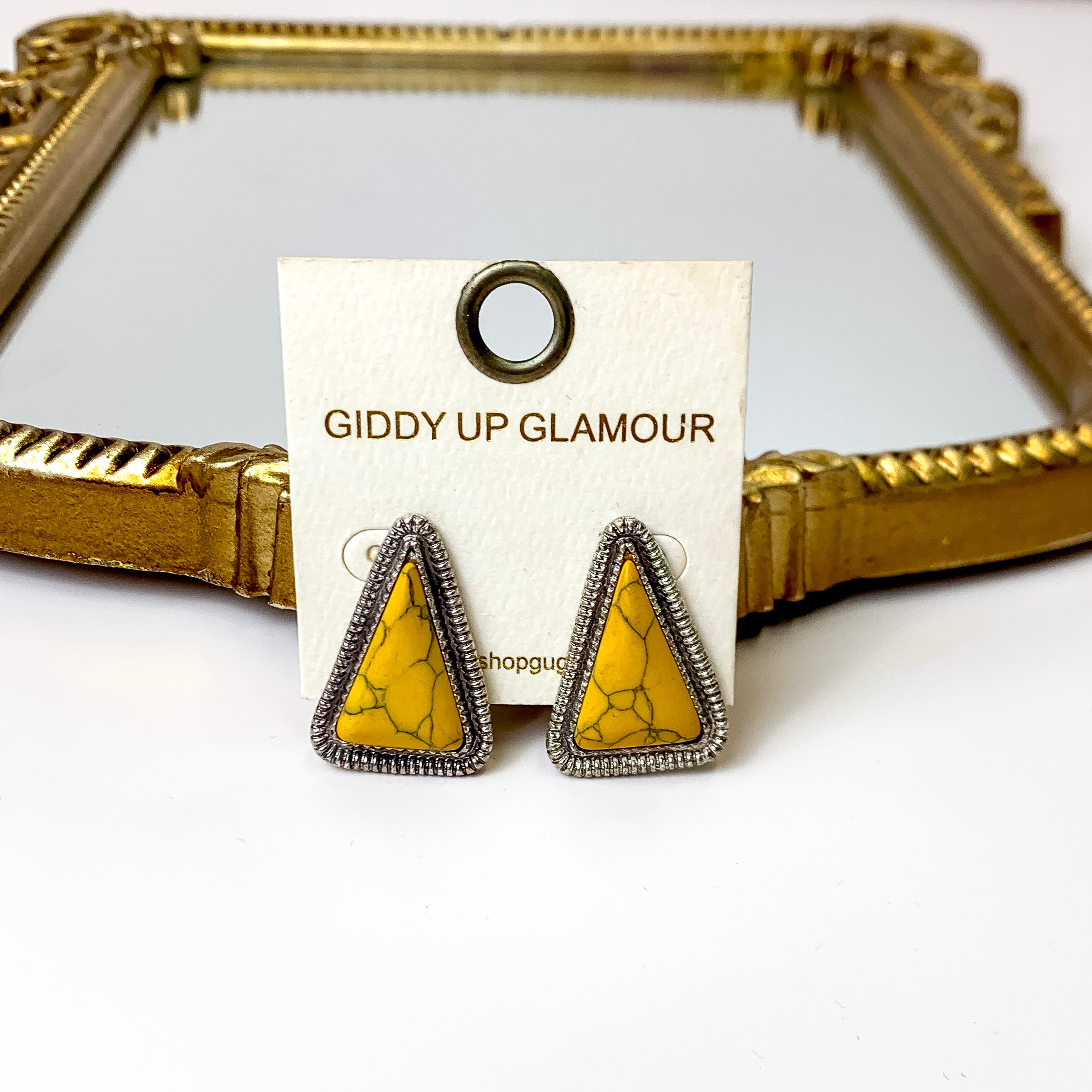 Western Silver Tone Faux Triangle Stone Earrings in Mustard Yellow - Giddy Up Glamour Boutique
