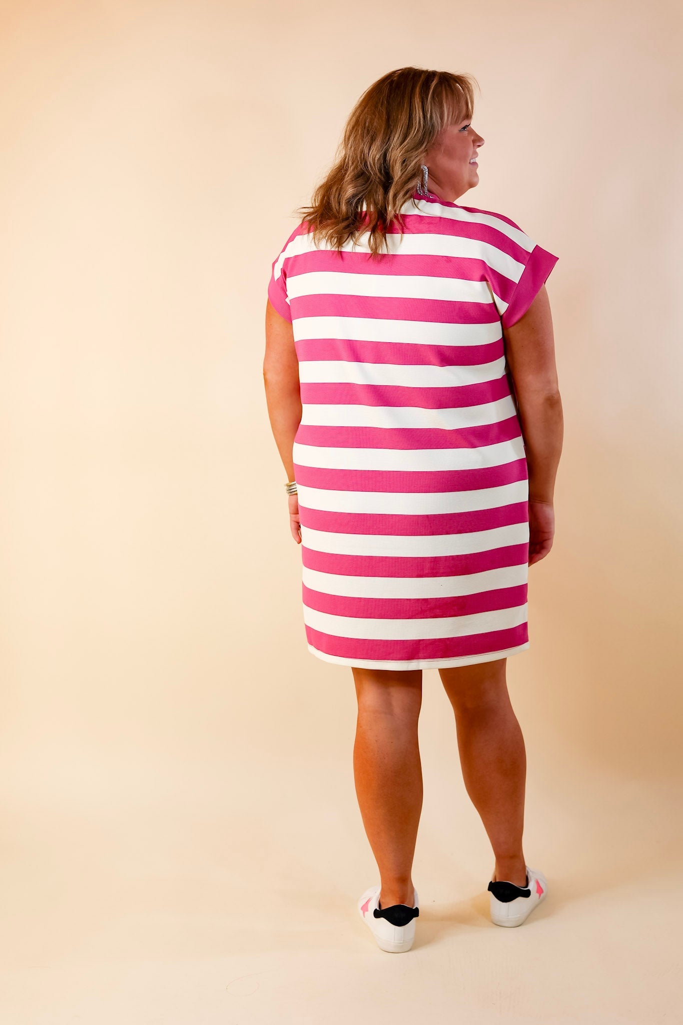 Stripe it Simple Striped Dress with Cap Sleeves in Pink and Cream - Giddy Up Glamour Boutique