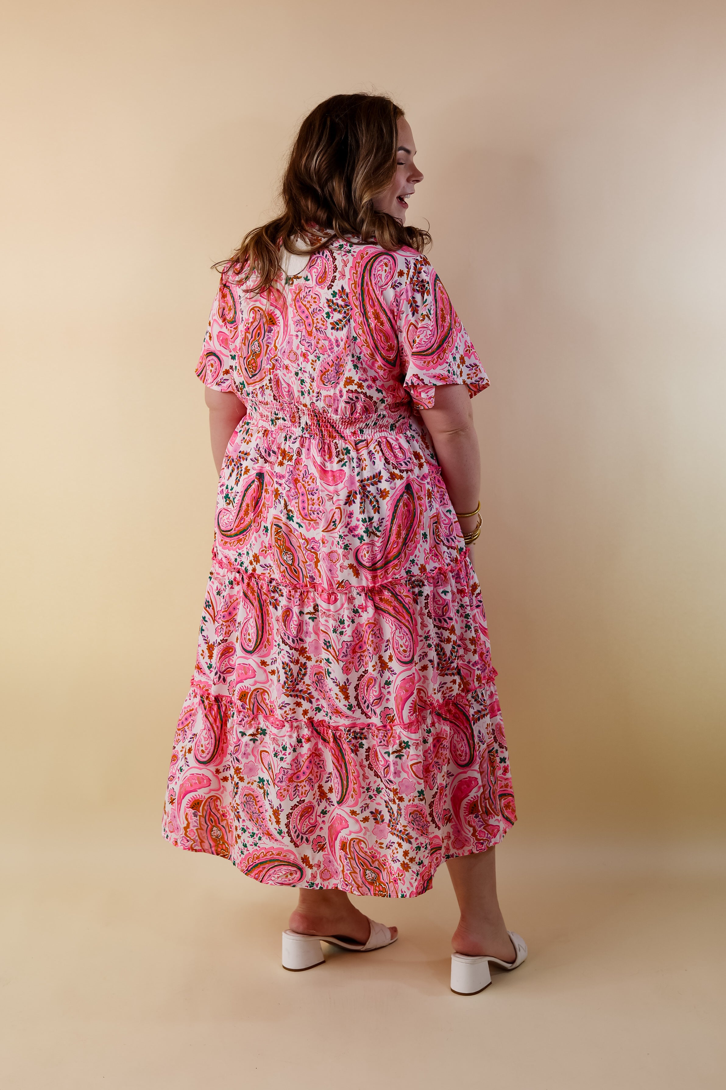 Whispers of Wisteria Paisley Tiered Midi Dress in Pink Mix - Giddy Up Glamour Boutique