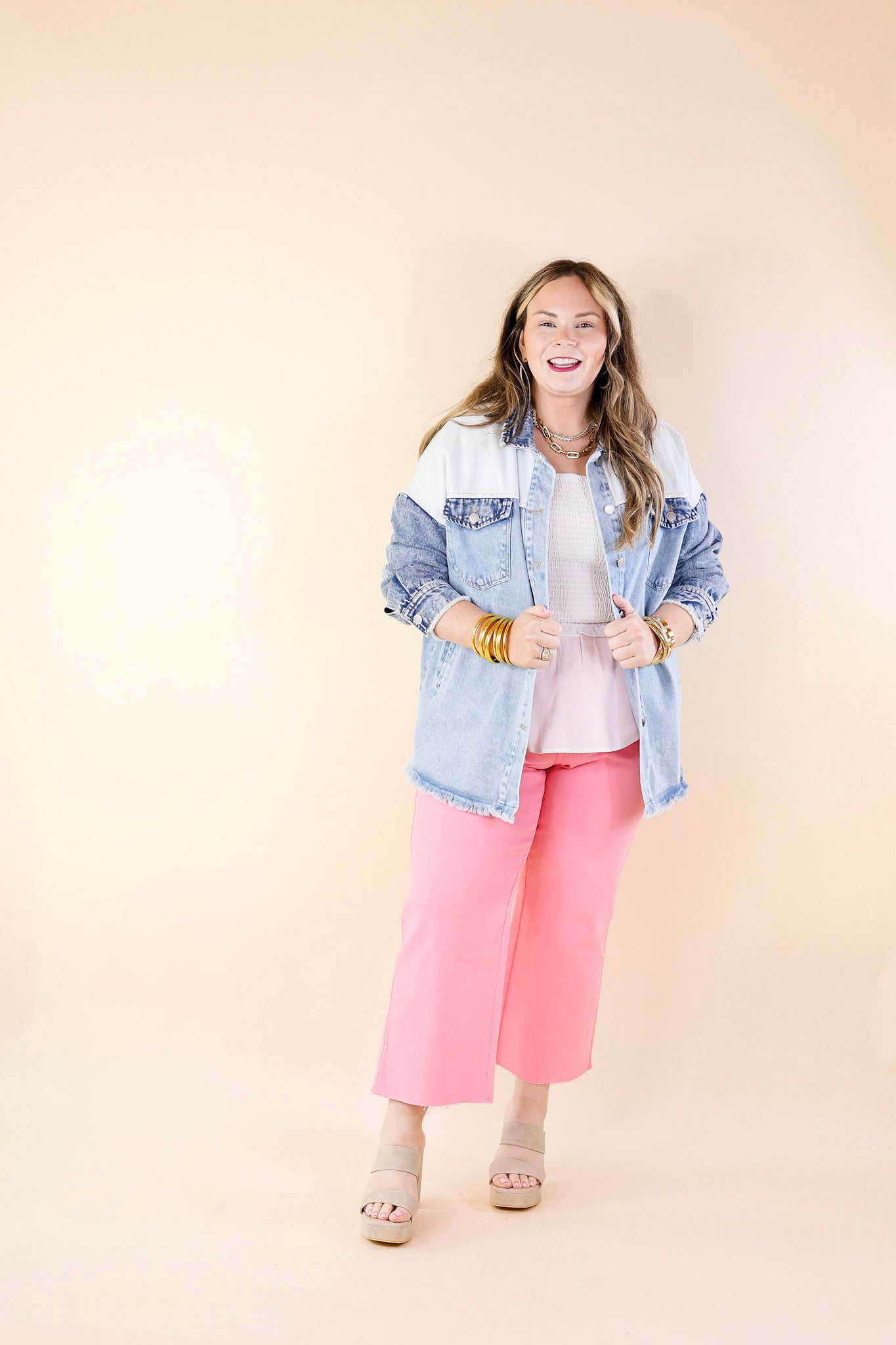 Style Mentor Color Block Button Up Jacket in Denim - Giddy Up Glamour Boutique