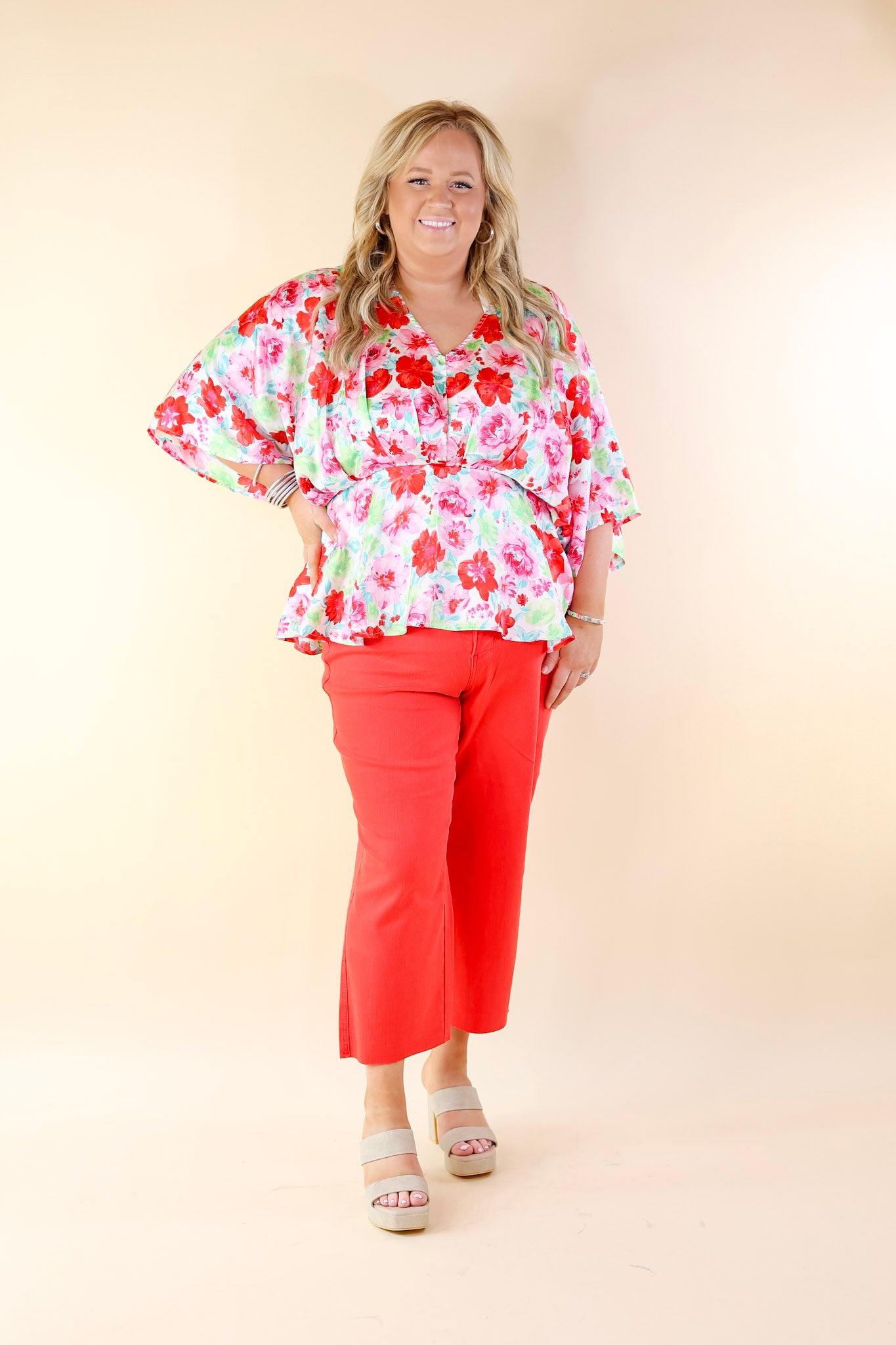 Hear the Music Drop Sleeve Satin Floral Print V Neck Peplum Top in White - Giddy Up Glamour Boutique