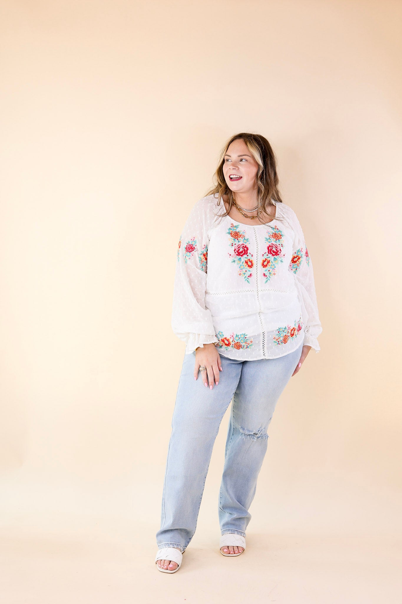 Patio Days Swiss Dot Long Sleeve Blouse with Floral Embroidery in White - Giddy Up Glamour Boutique