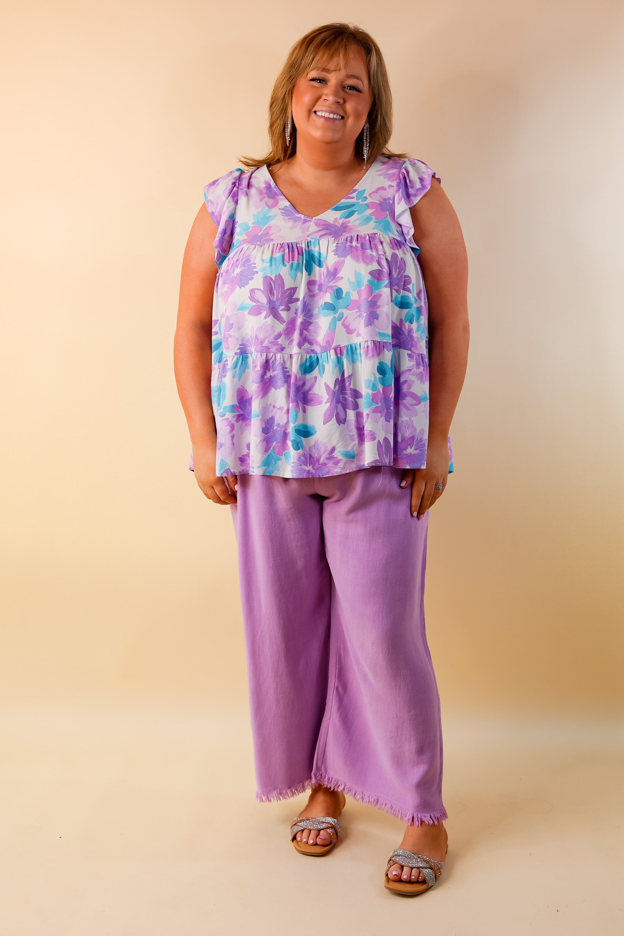 Right On Cue Drawstring Cropped Pants with Frayed Hem in Lavender Purple - Giddy Up Glamour Boutique